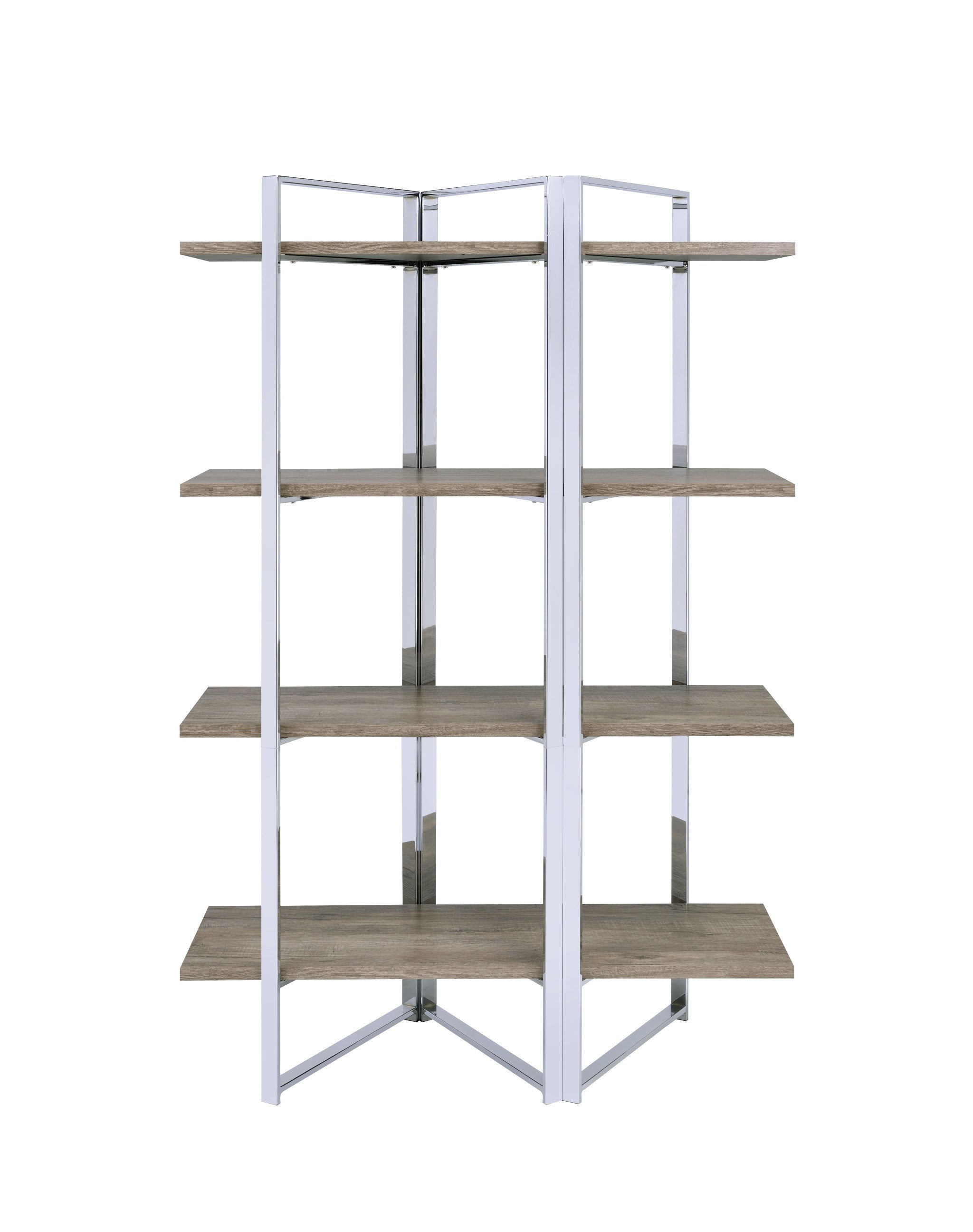 72" Natural And Silver Metal and Wood Four Tier Etagere Bookcase