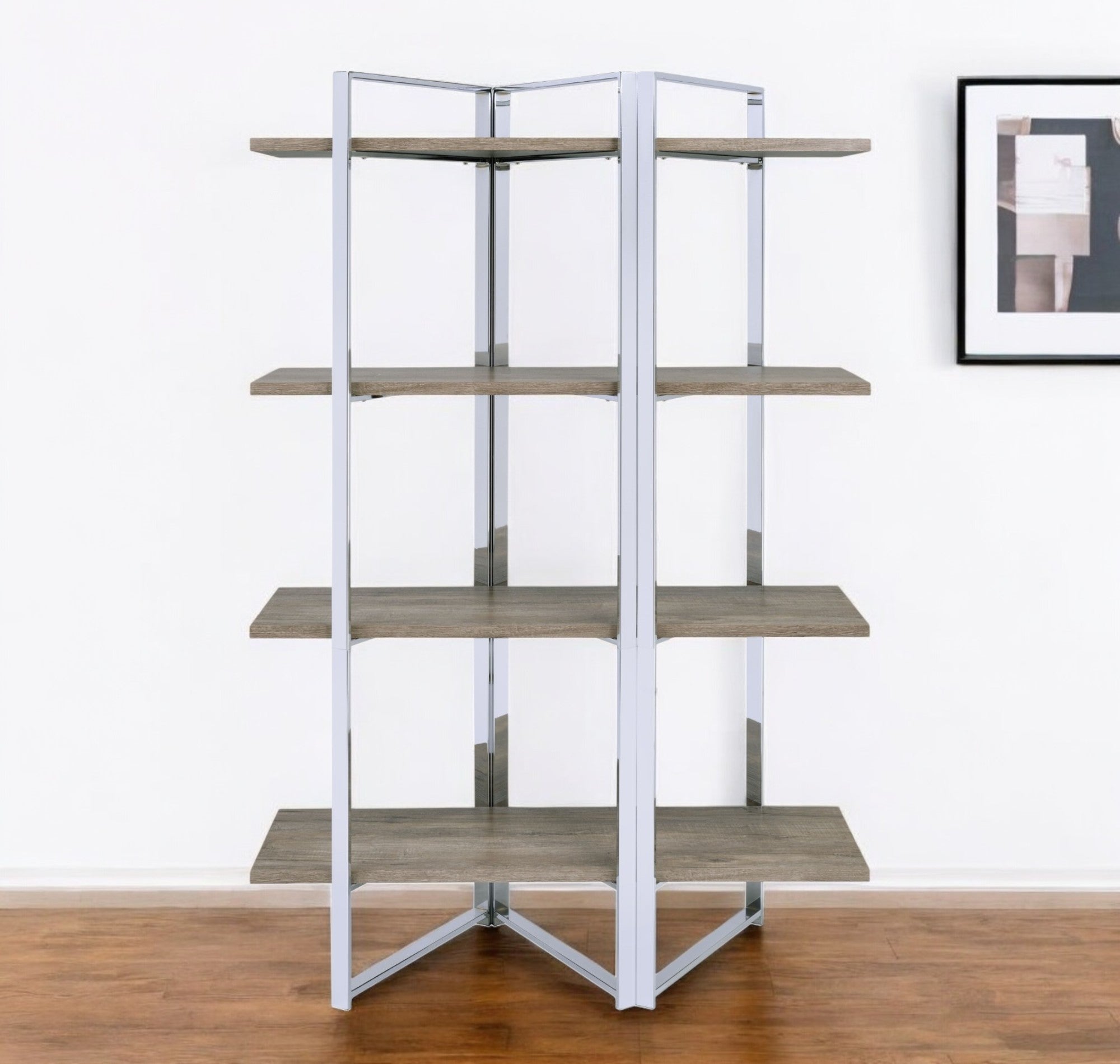 72" Natural And Silver Metal and Wood Four Tier Etagere Bookcase