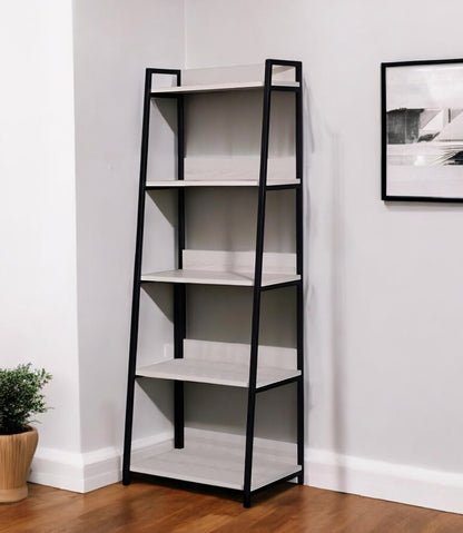 67" Natural and Black Metal Five Tier Ladder Bookcase