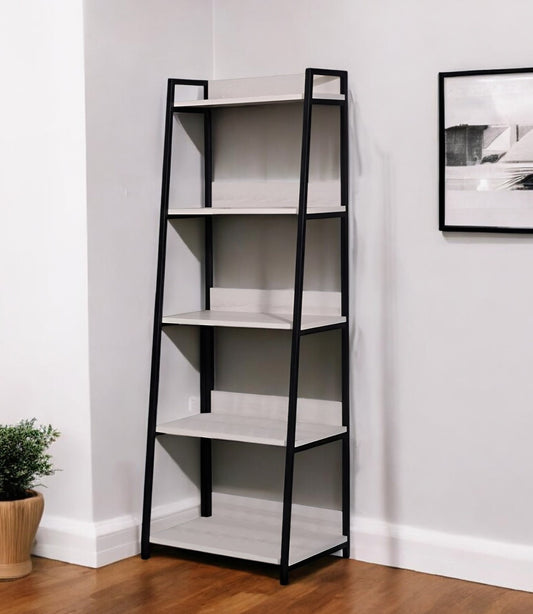 67" Natural and Black Metal Five Tier Ladder Bookcase