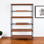 70" Oak And Black Metal and Wood Six Tier Etagere Bookcase