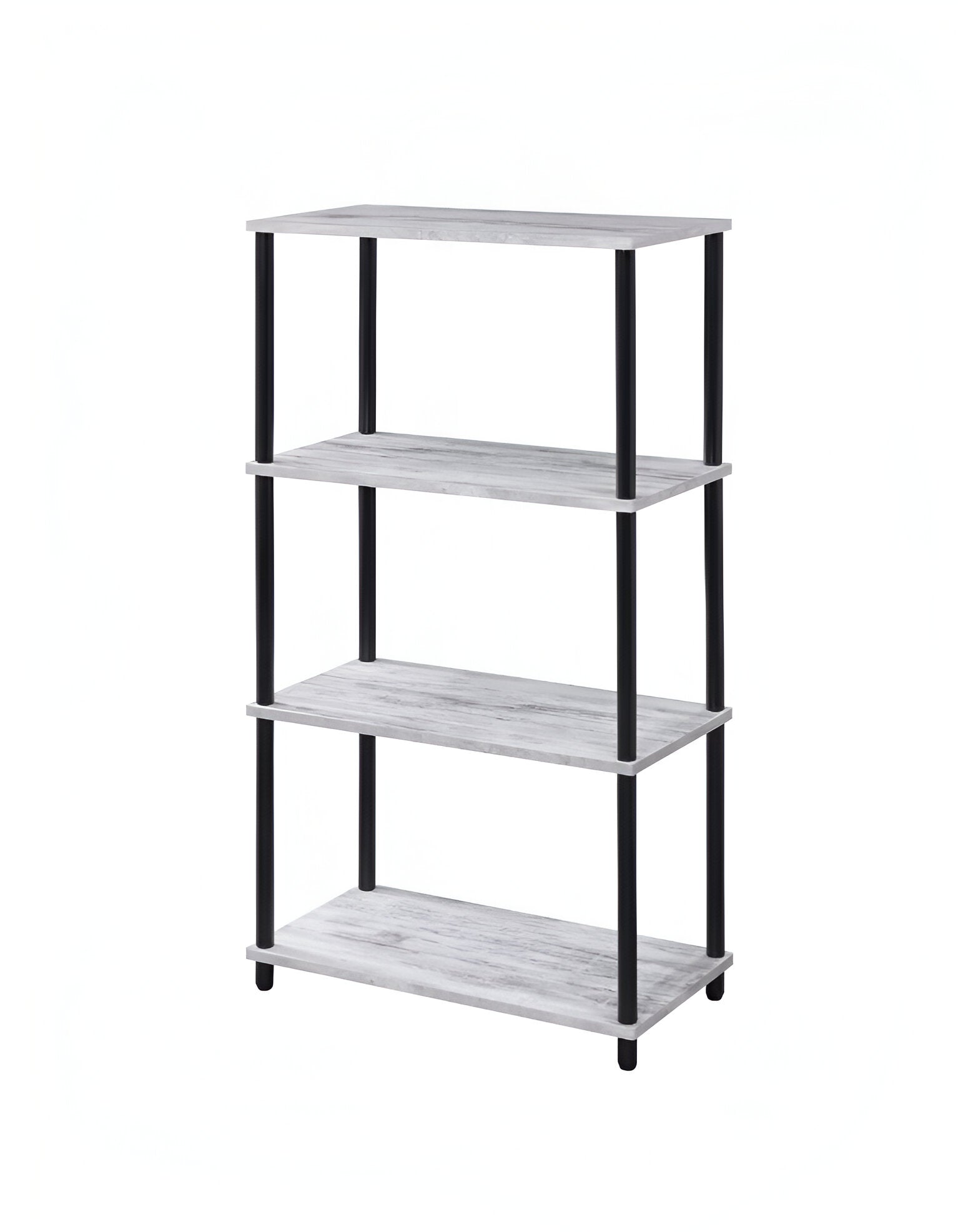 44" Antiqued White And Black Distressed Metal and Wood Four Tier Etagere Bookcase