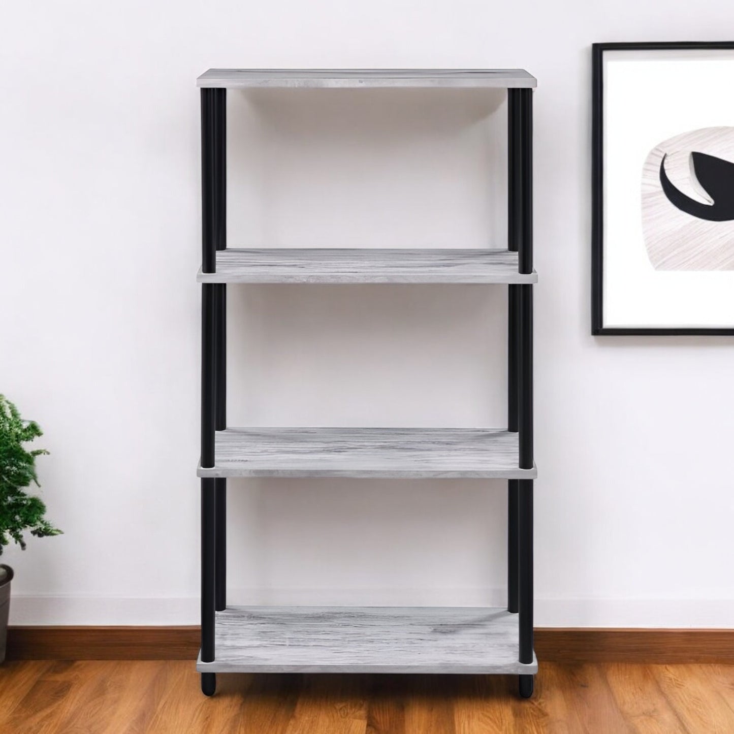 44" Antiqued White And Black Distressed Metal and Wood Four Tier Etagere Bookcase