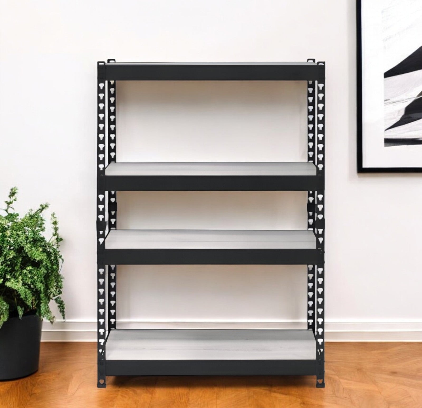 48" Black And Natural Metal and Wood Adjustable Four Tier Bookcase