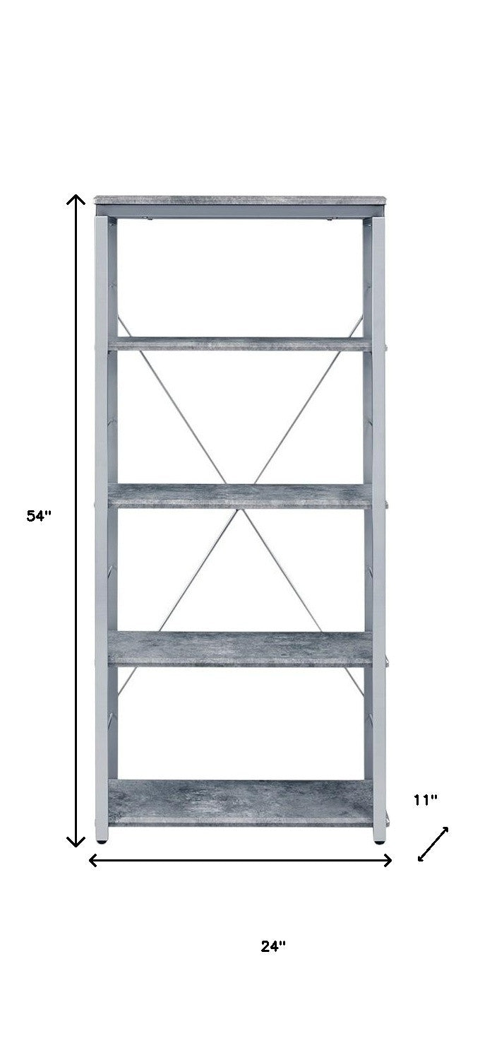 54" Gray And Silver Metal and Wood Four Tier Etagere Bookcase