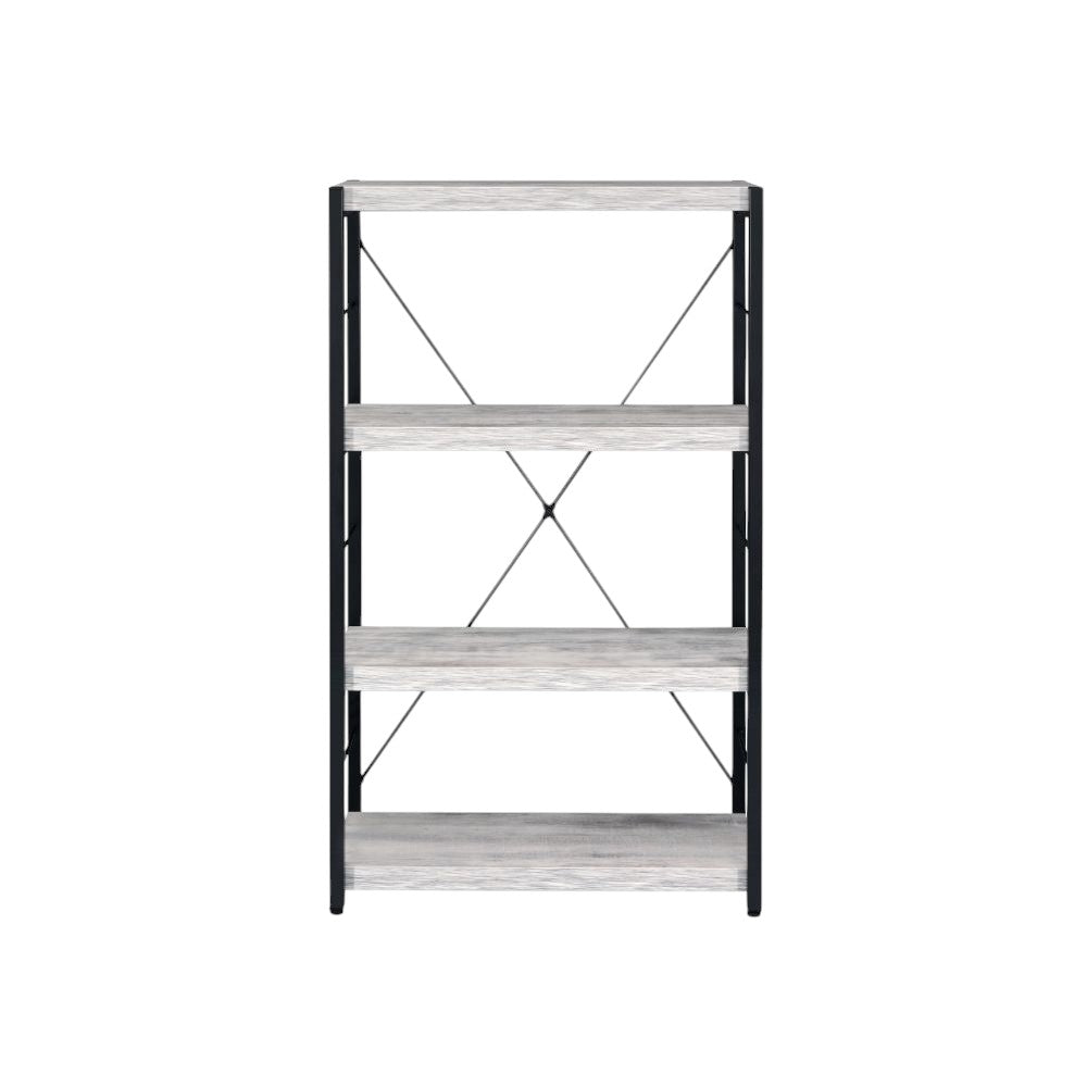 43" Antiqued White And Black Metal and Wood Four Tier Etagere Bookcase