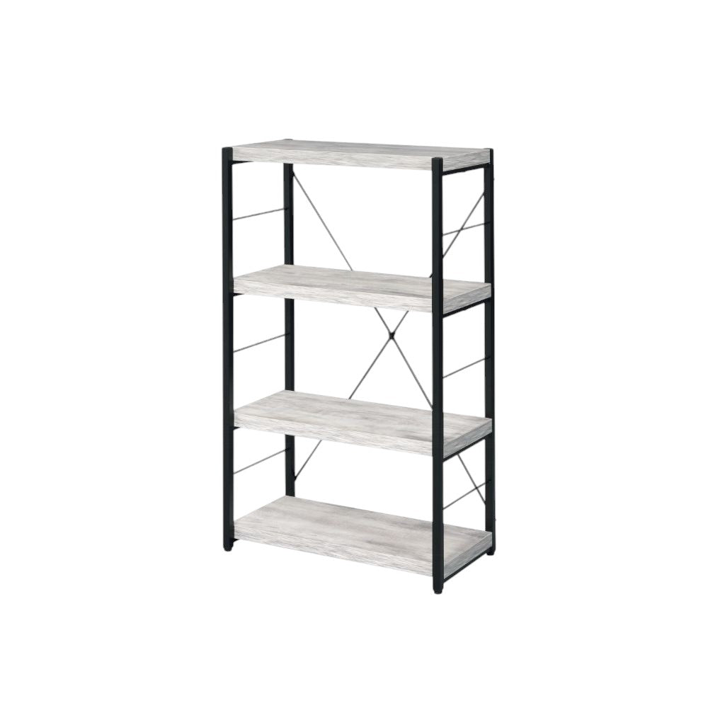 43" Antiqued White And Black Metal and Wood Four Tier Etagere Bookcase