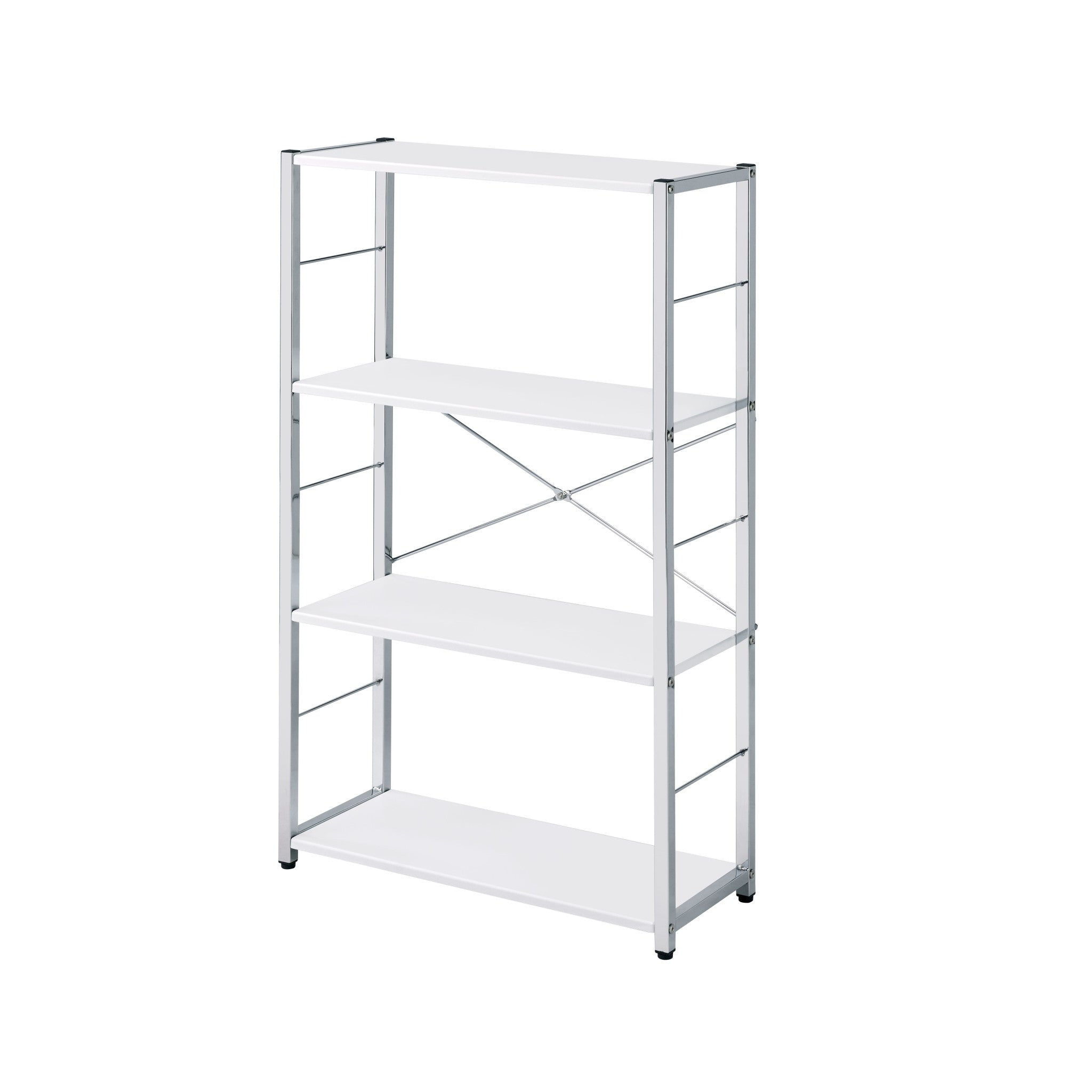 42" White And Silver Metal and Wood Four Tier Etagere Bookcase