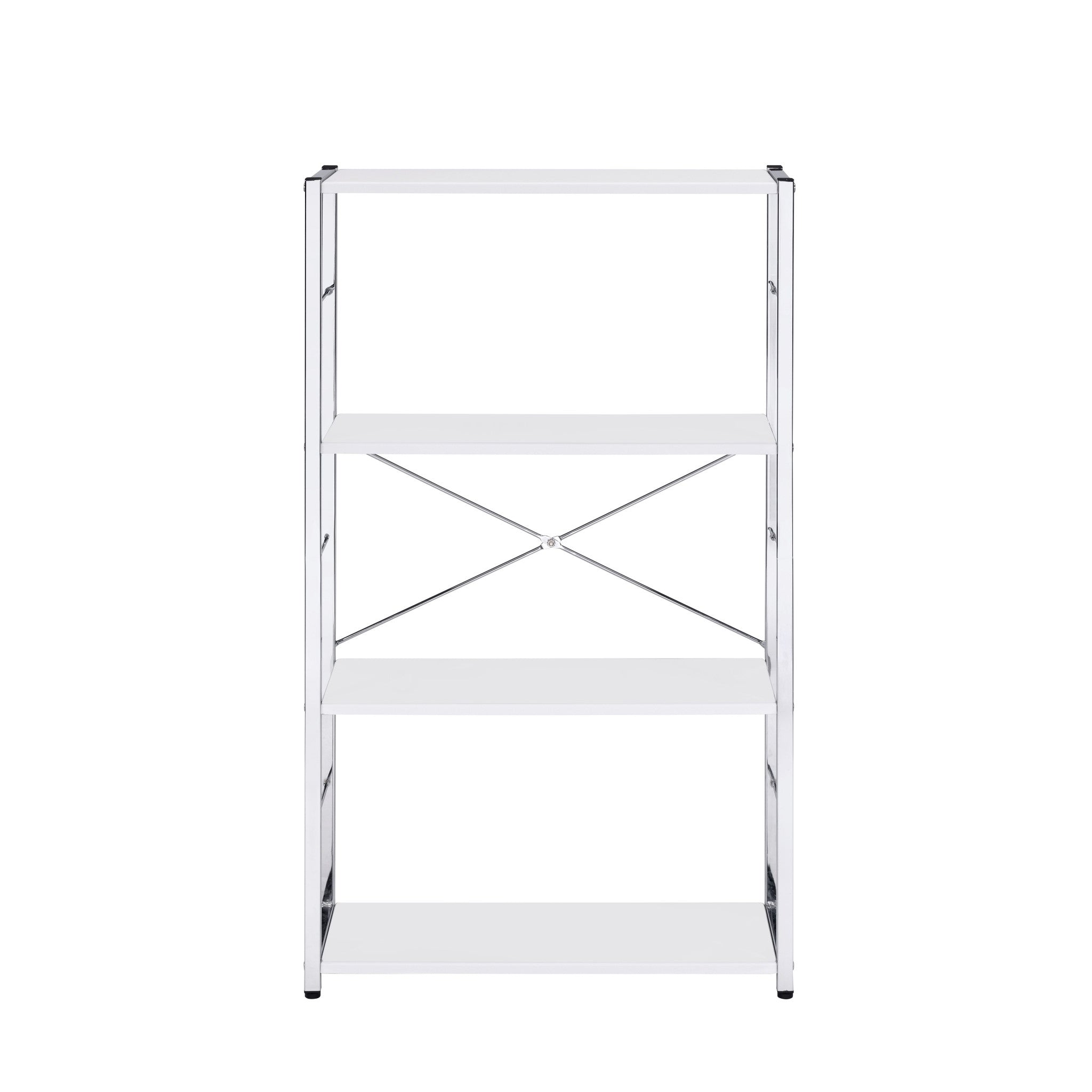 42" White And Silver Metal and Wood Four Tier Etagere Bookcase