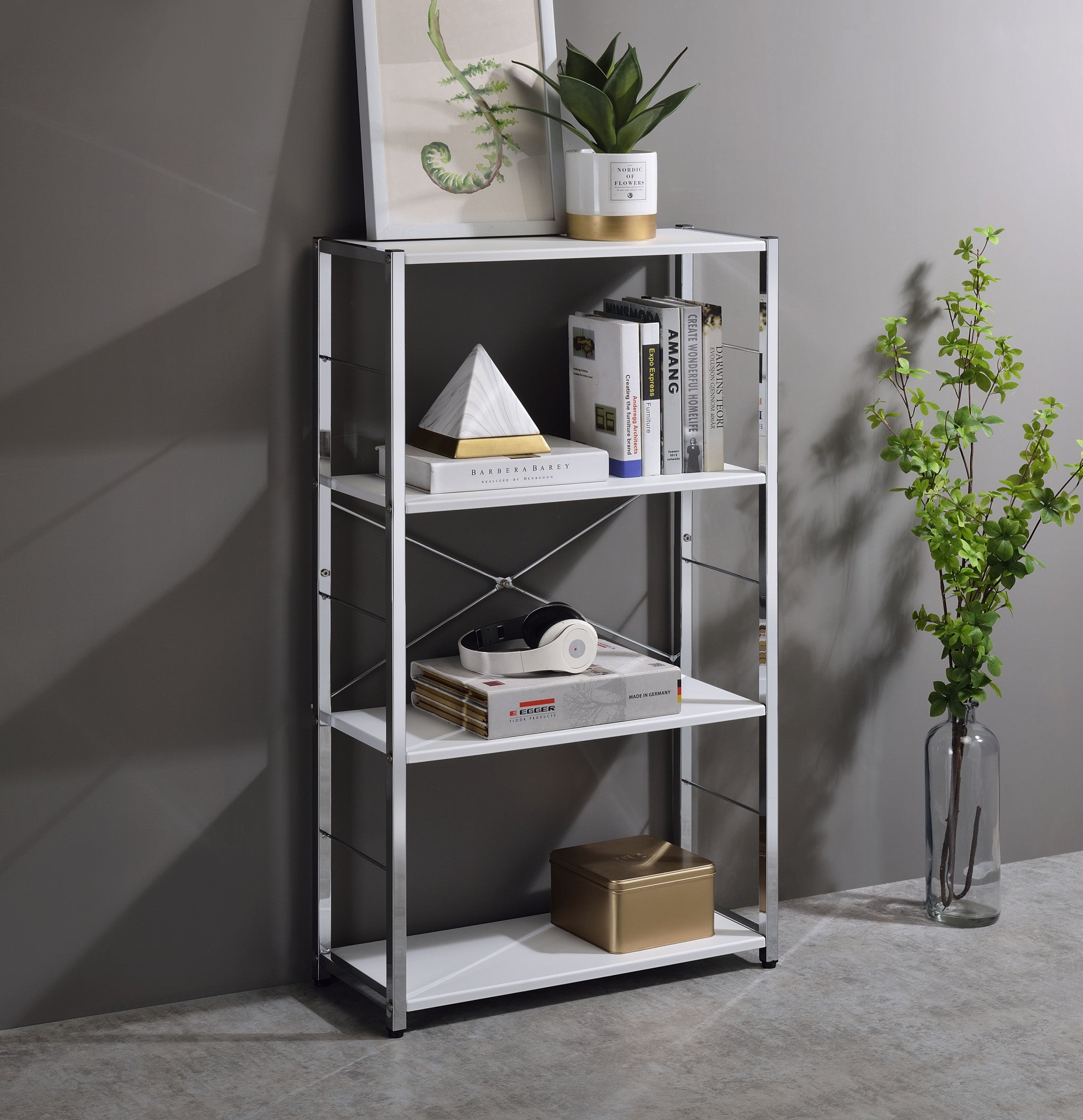 42" White And Silver Metal and Wood Four Tier Etagere Bookcase