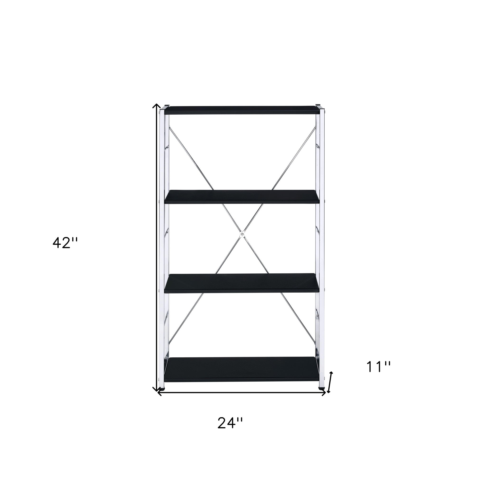 42" Black And Silver Metal and Wood Four Tier Etagere Bookcase