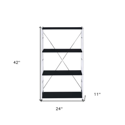 42" Black And Silver Metal and Wood Four Tier Etagere Bookcase