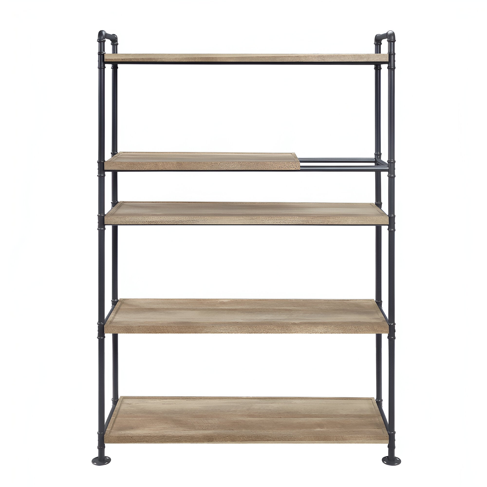 65" Natural And Black Metal and Wood Five Tier Etagere Bookcase