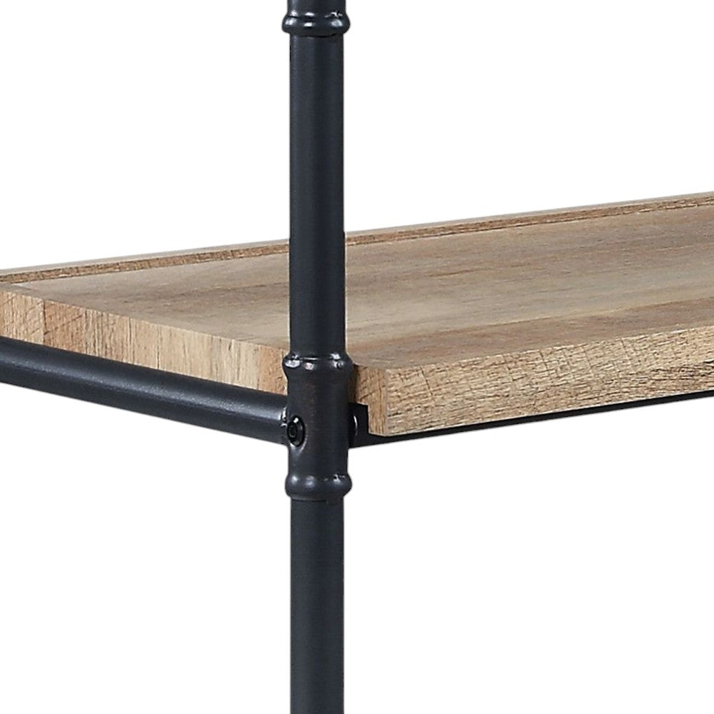 65" Natural And Black Metal and Wood Five Tier Etagere Bookcase