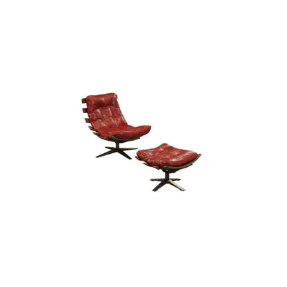 27" Red and Brown Top Grain Leather Tufted Swivel Lounge Chair With Ottoman