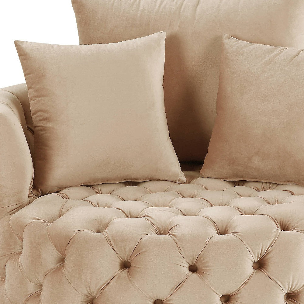 43" Beige Velvet Tufted Swivel Barrel Chair And Toss Pillows