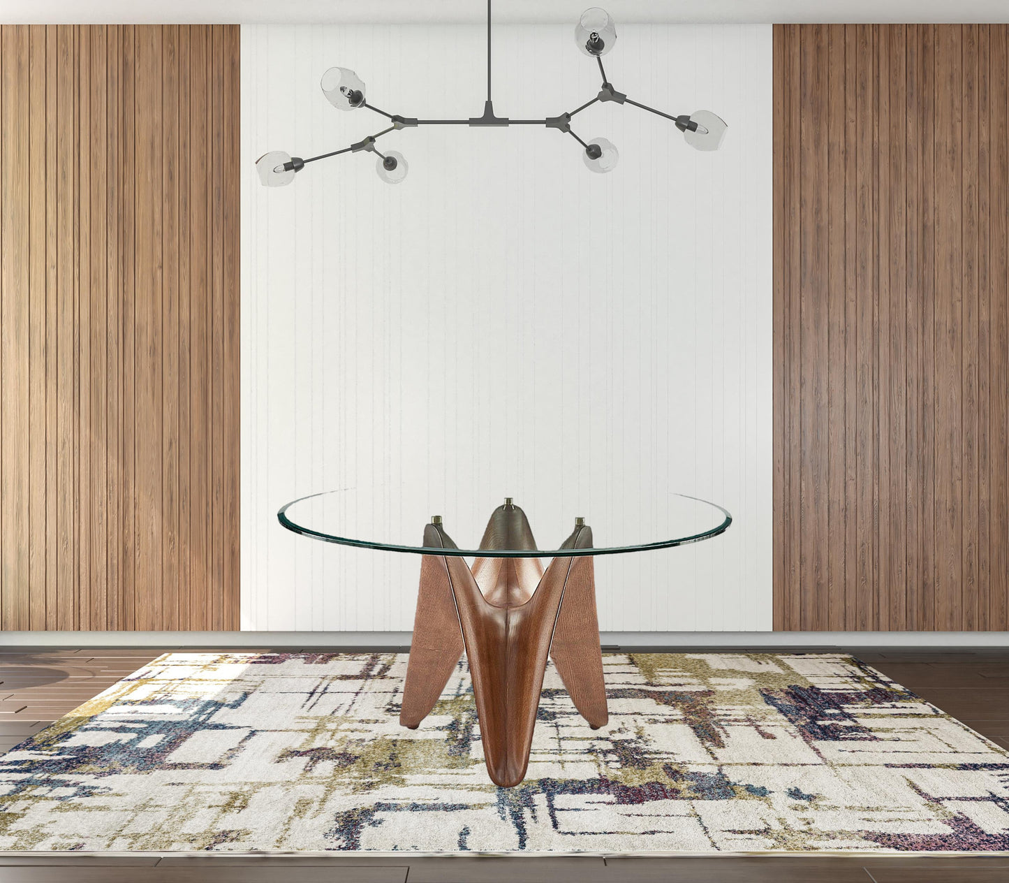 59" Clear And Brown Rounded Glass And Solid Manufactured Wood Pedestal Base Dining Table