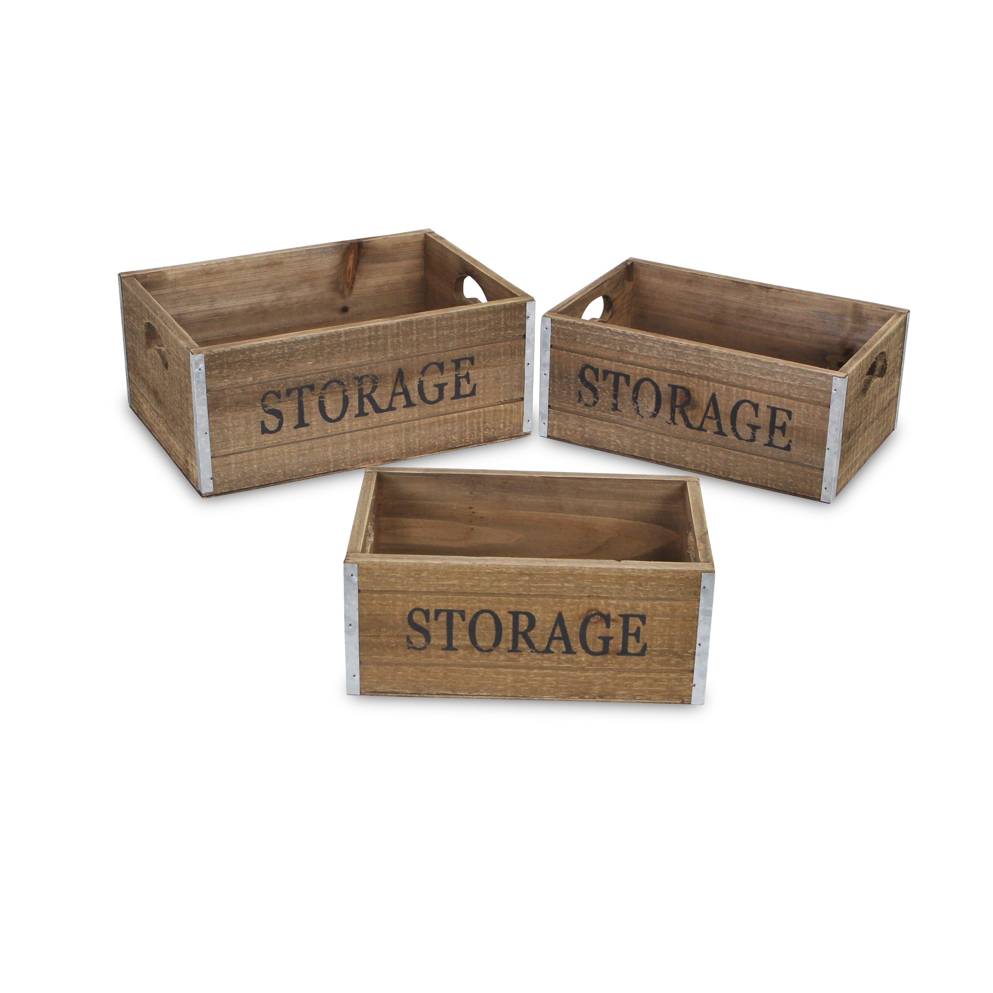 Set of Three Natural Solid Wood And Metal Crate