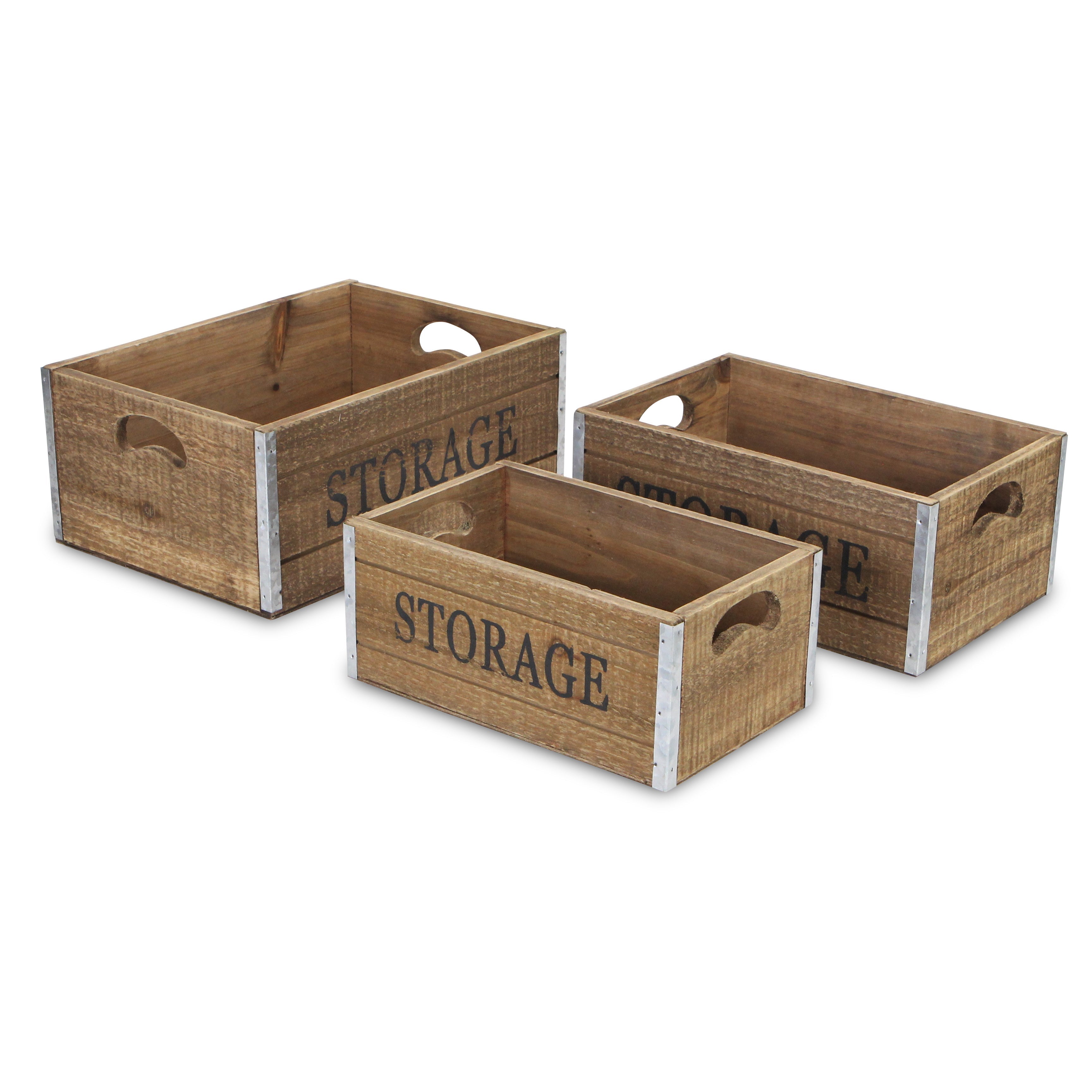Set of Three Natural Solid Wood And Metal Crate
