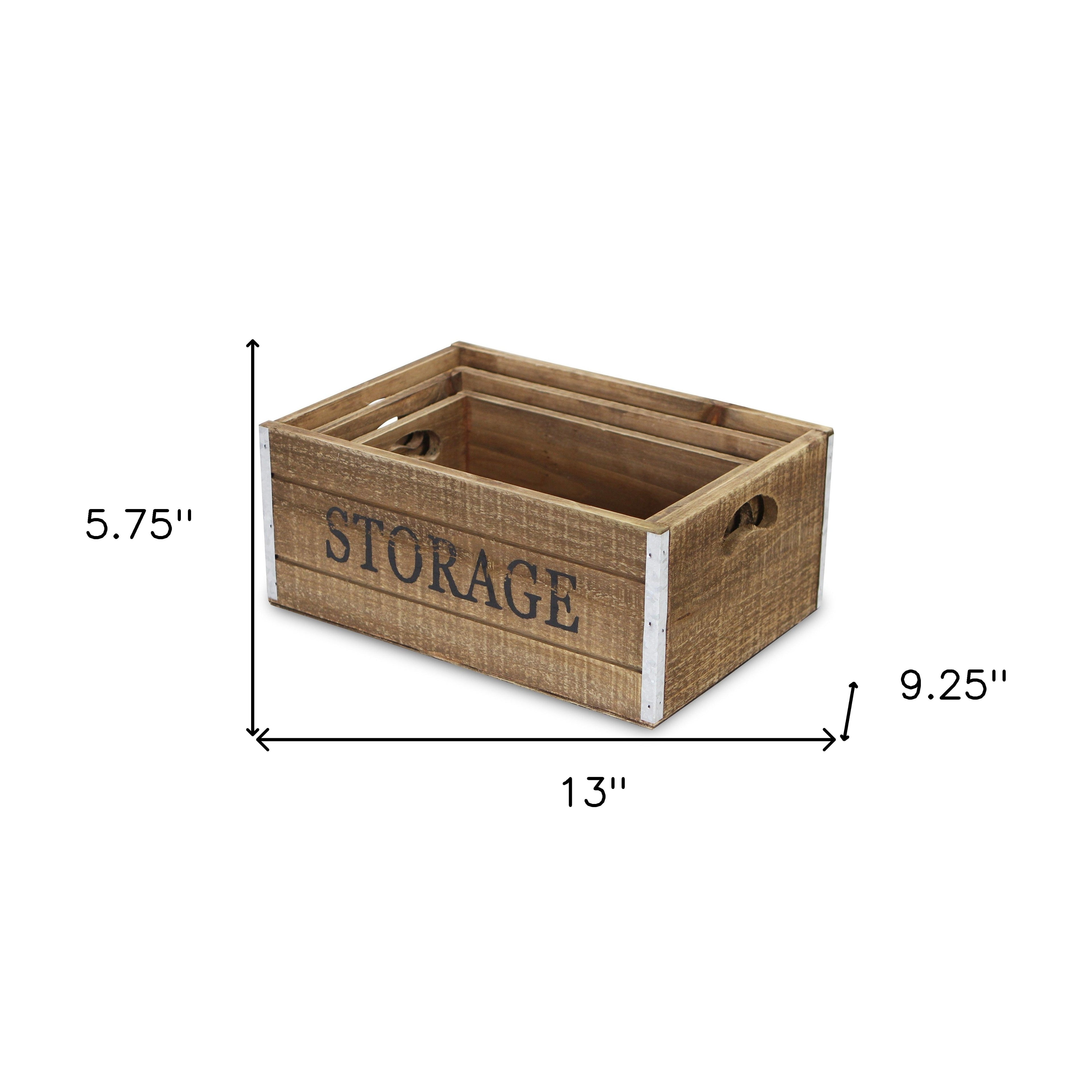 Set of Three Natural Solid Wood And Metal Crate