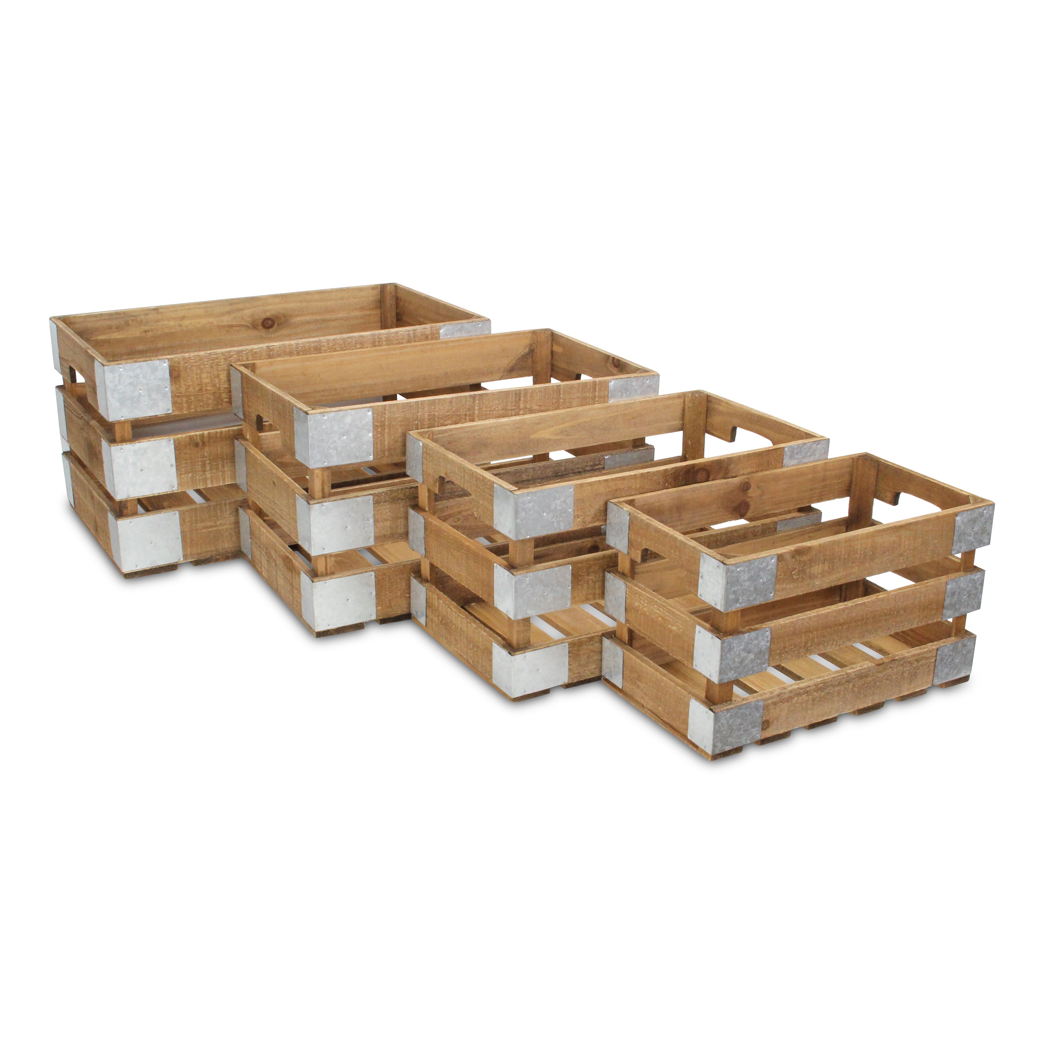 Set of Four Natural Solid Wood And Metal Crate