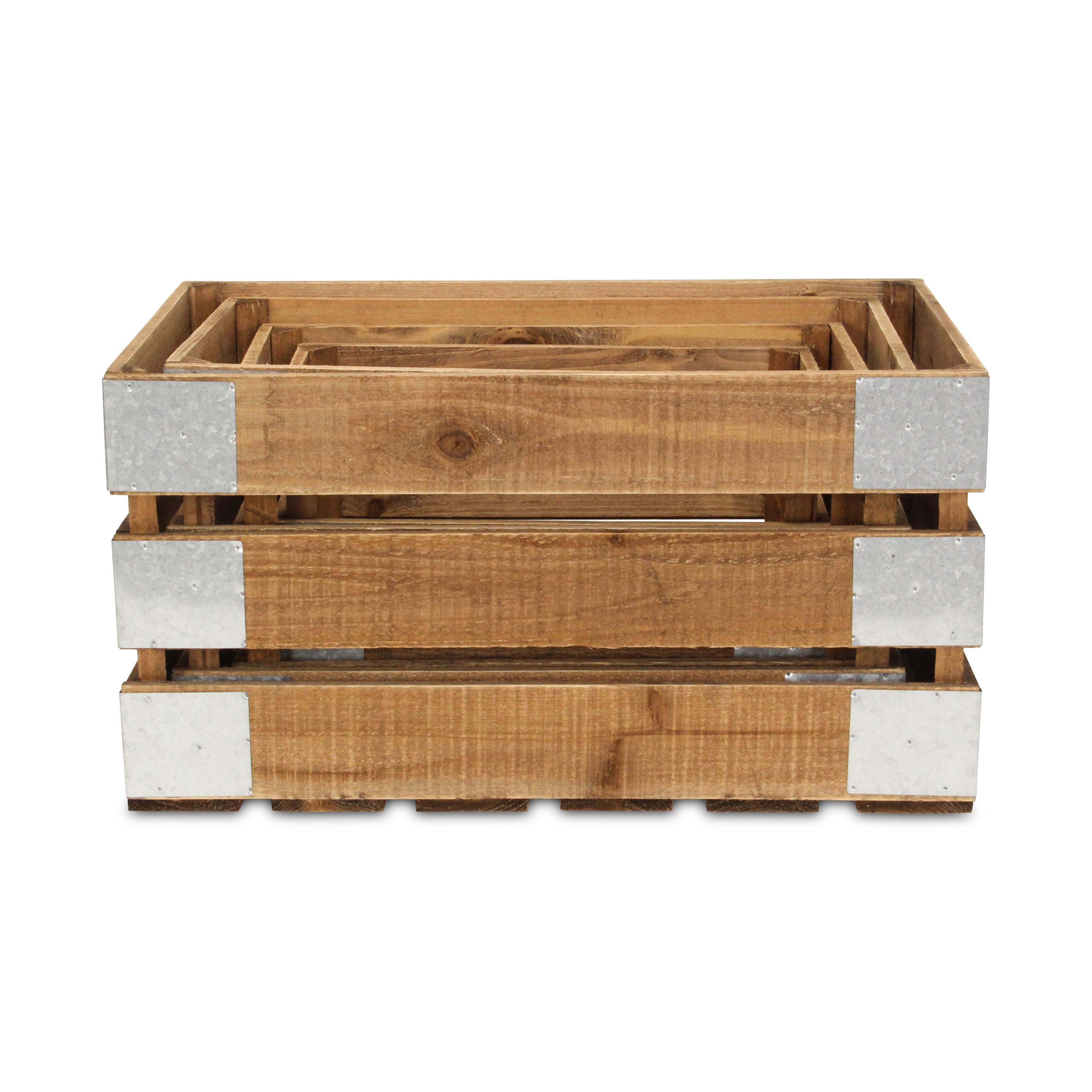 Set of Four Natural Solid Wood And Metal Crate