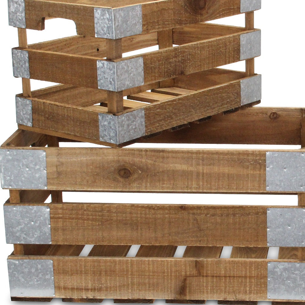 Set of Four Natural Solid Wood And Metal Crate