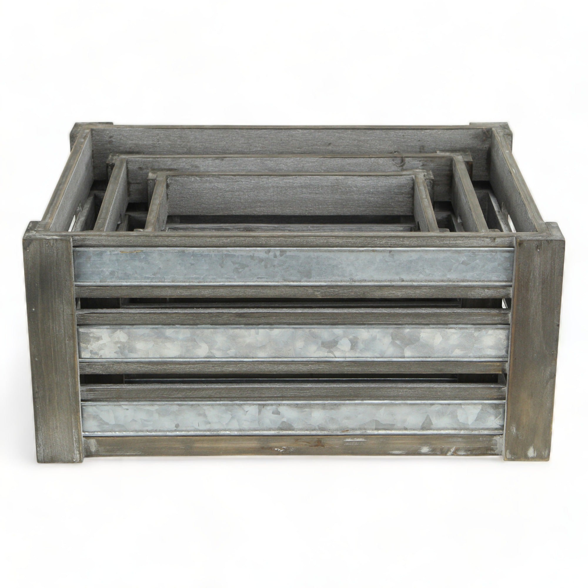 Set of Three Gray Solid Wood And Metal Crate