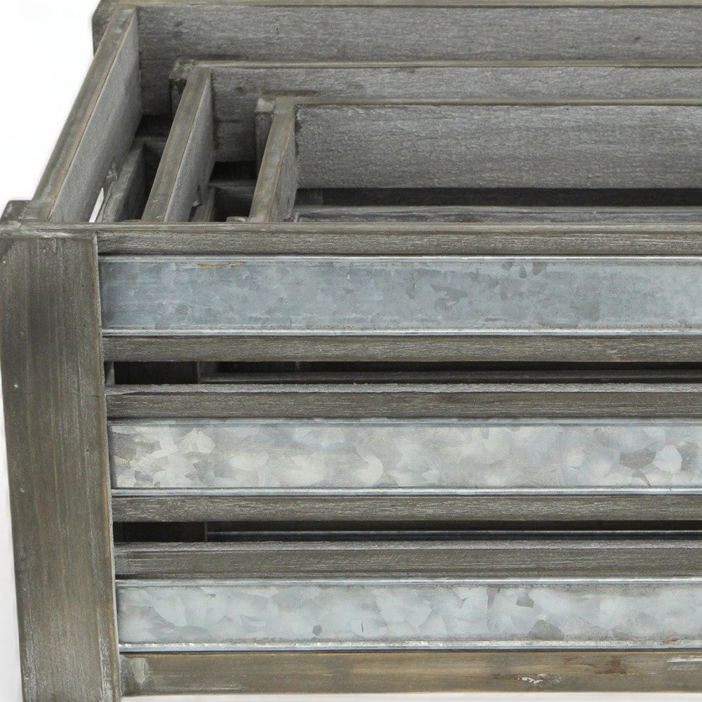 Set of Three Gray Solid Wood And Metal Crate