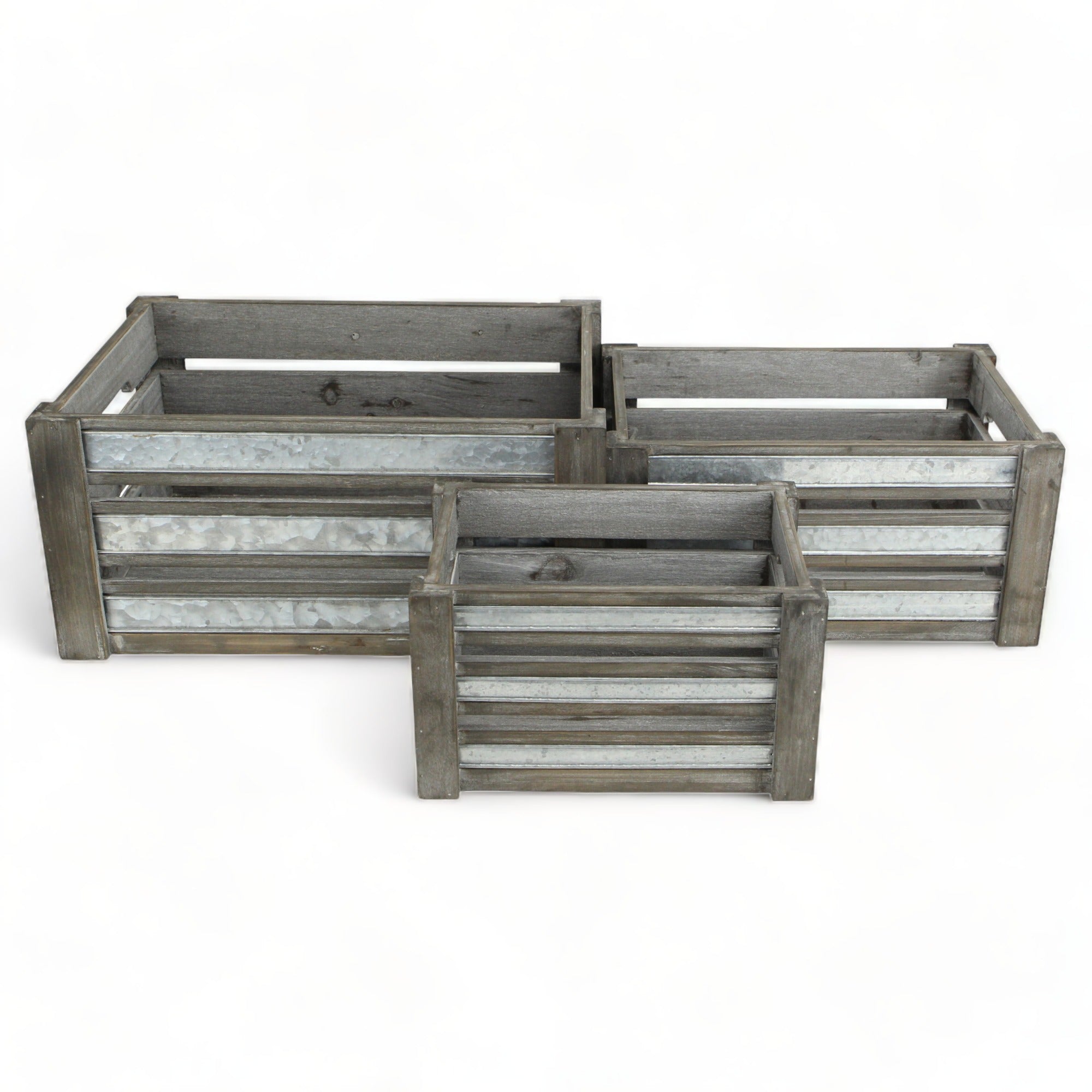 Set of Three Gray Solid Wood And Metal Crate