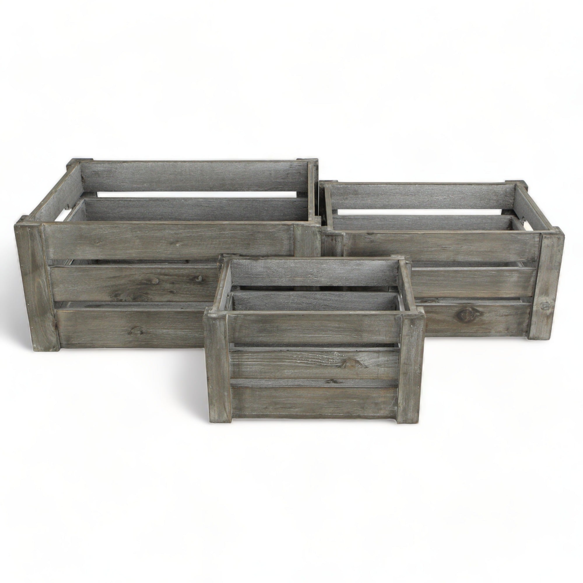 Set of Three Gray Solid Wood And Metal Crate