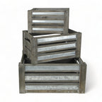 Set of Three Gray Solid Wood And Metal Crate