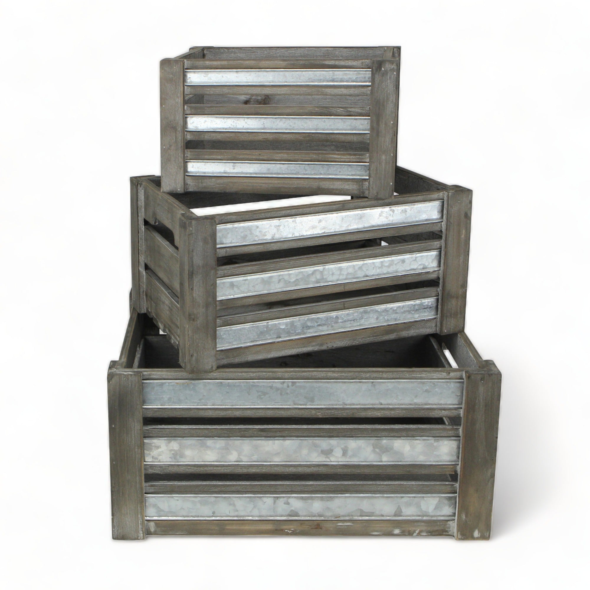Set of Three Gray Solid Wood And Metal Crate