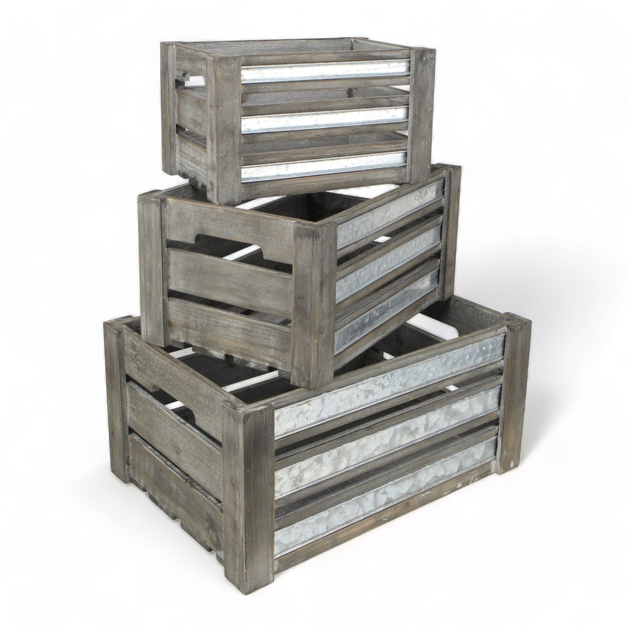 Set of Three Gray Solid Wood And Metal Crate