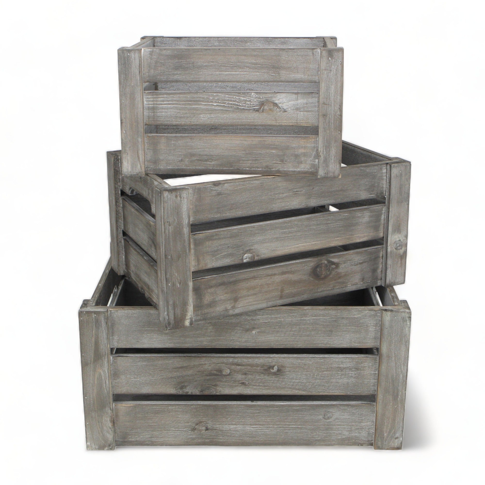 Set of Three Gray Solid Wood And Metal Crate