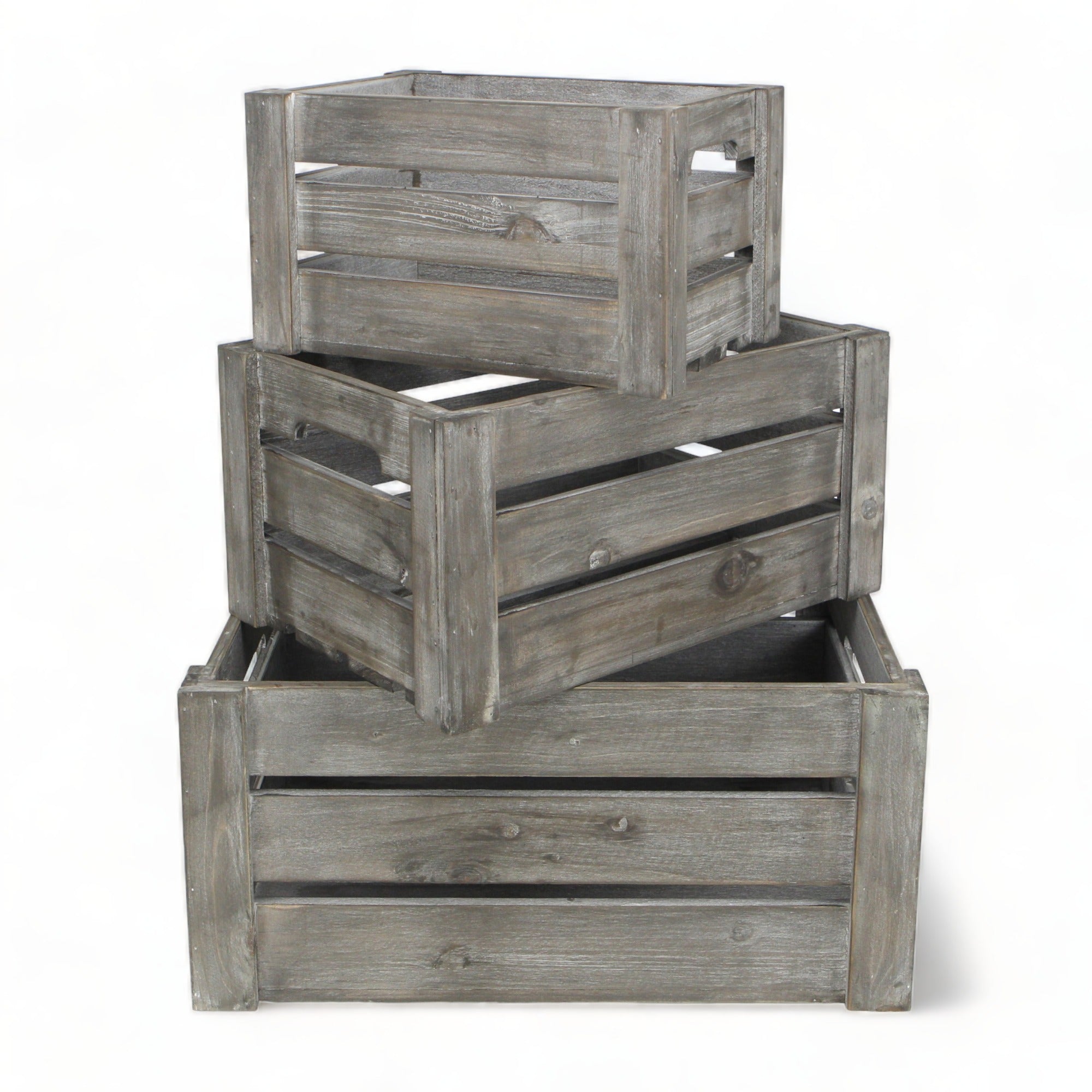 Set of Three Gray Solid Wood And Metal Crate
