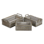 Set of Three Gray Solid Wood And Metal Crate