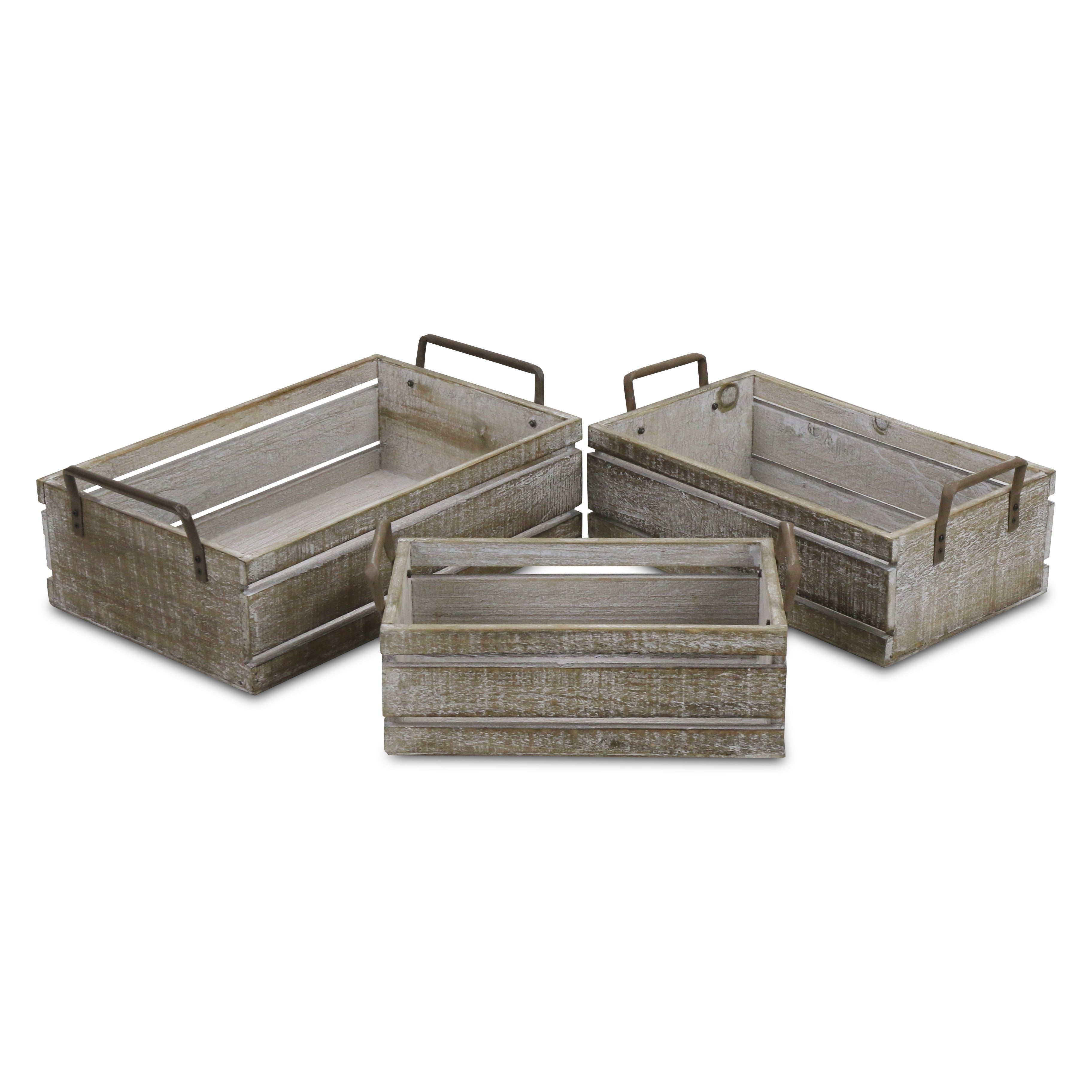 Set of Three Gray Solid Wood And Metal Crate