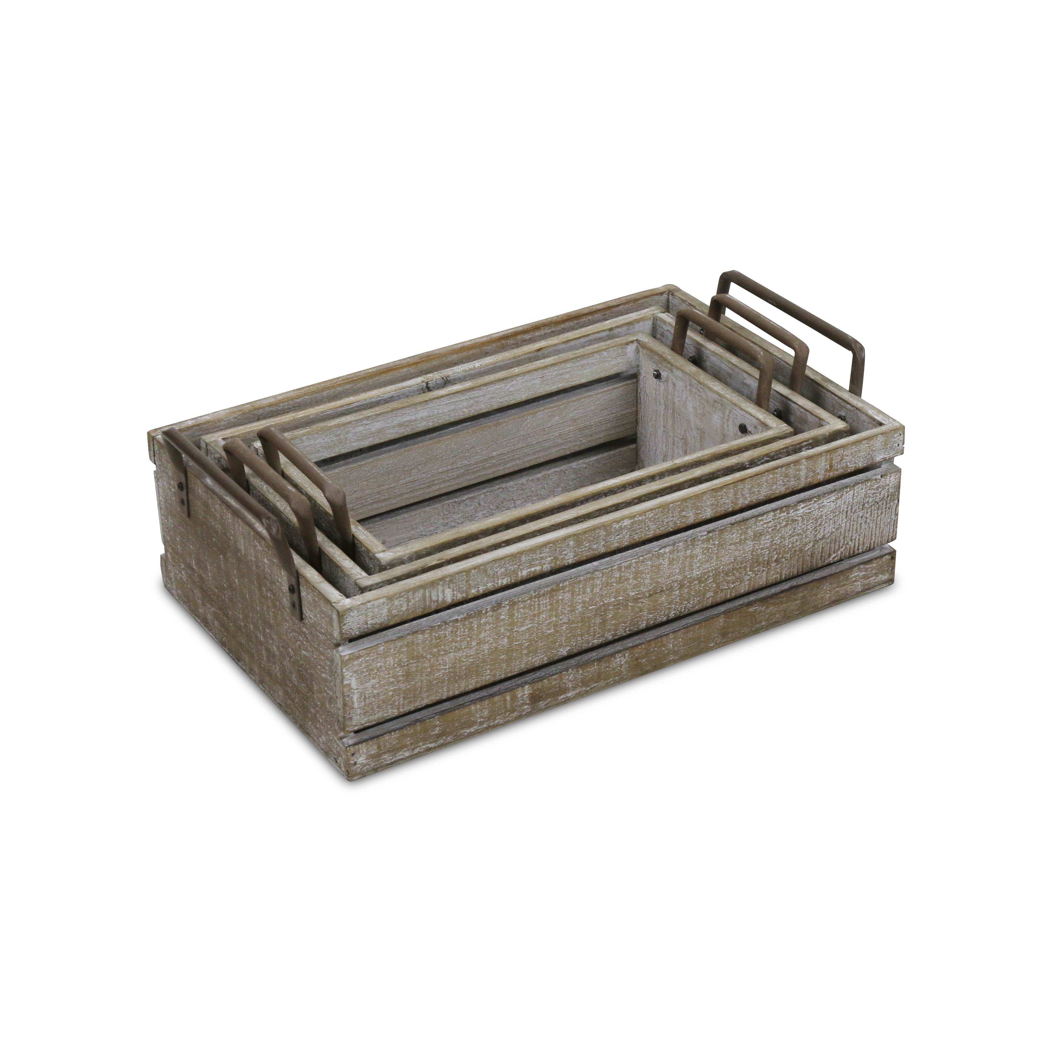 Set of Three Gray Solid Wood And Metal Crate