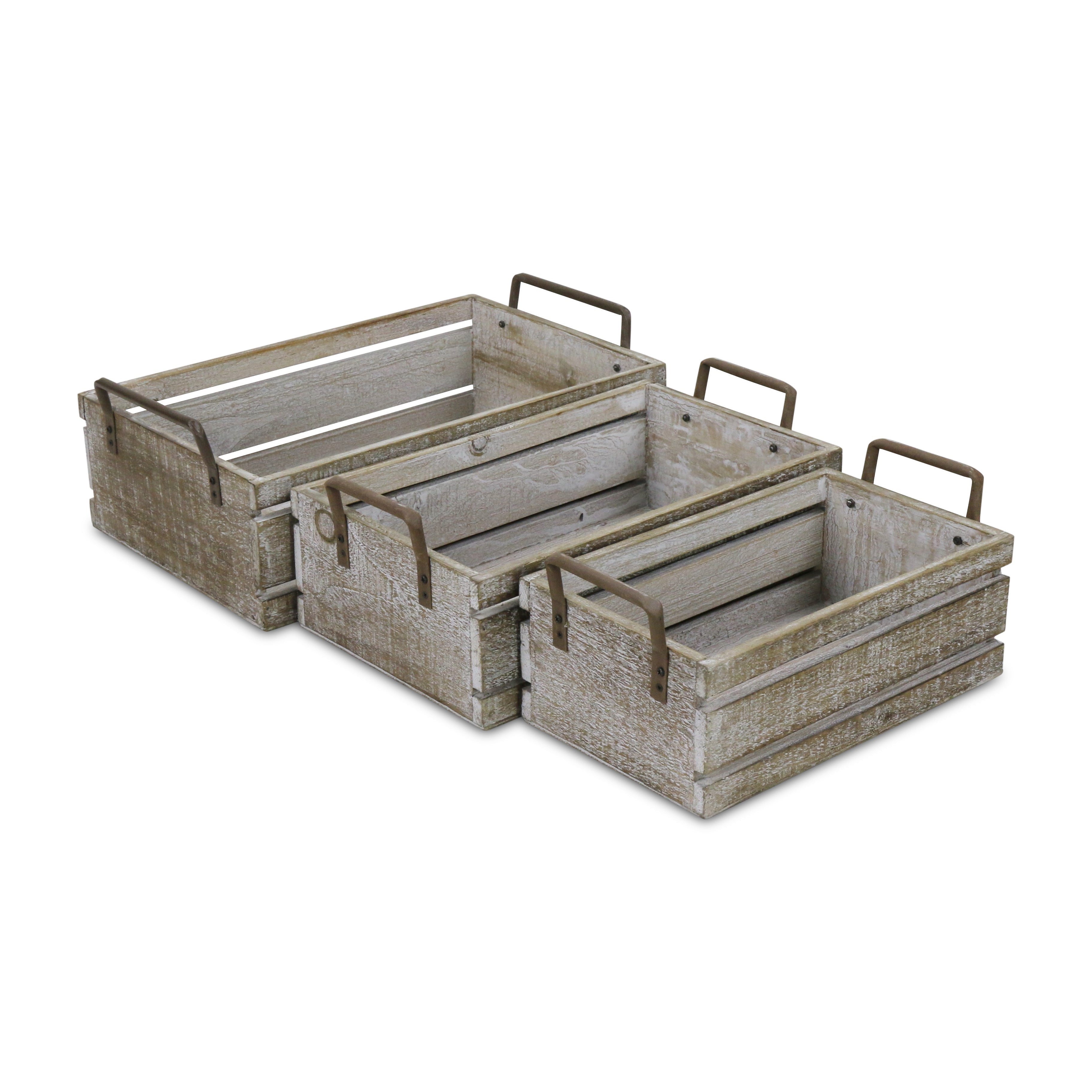 Set of Three Gray Solid Wood And Metal Crate