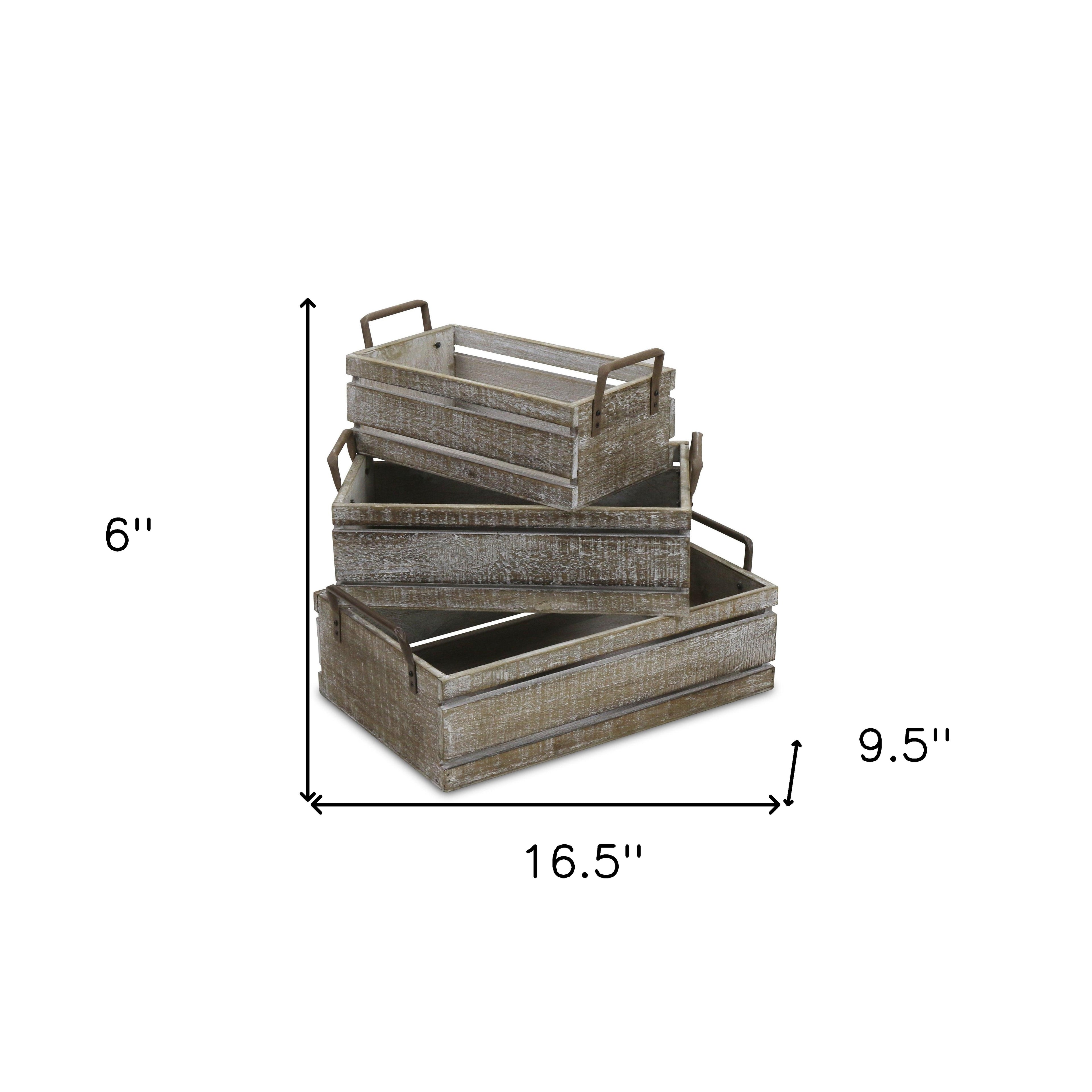 Set of Three Gray Solid Wood And Metal Crate