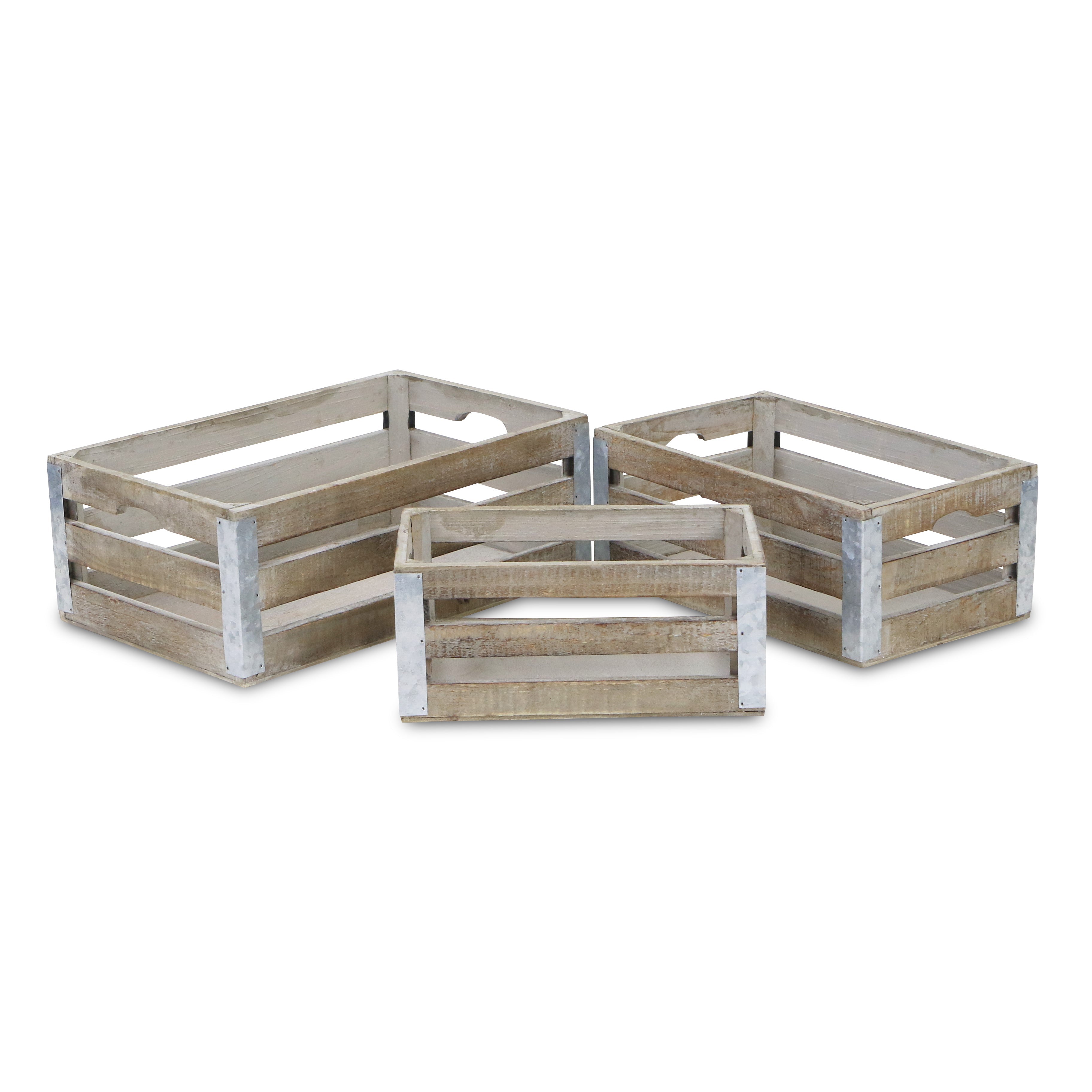 Set of Three Natural Solid Wood And Metal Crate