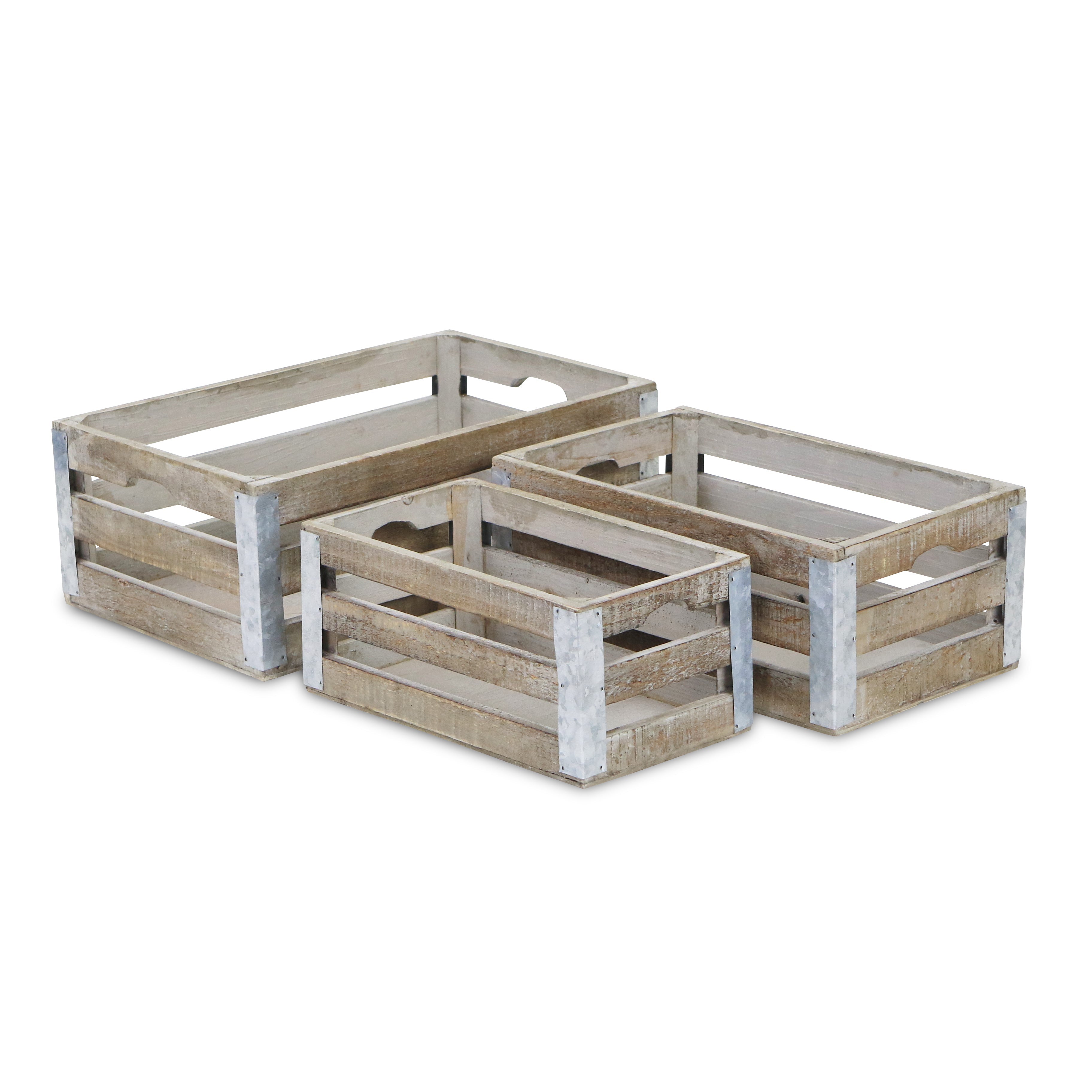 Set of Three Natural Solid Wood And Metal Crate