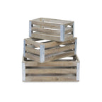 Set of Three Natural Solid Wood And Metal Crate