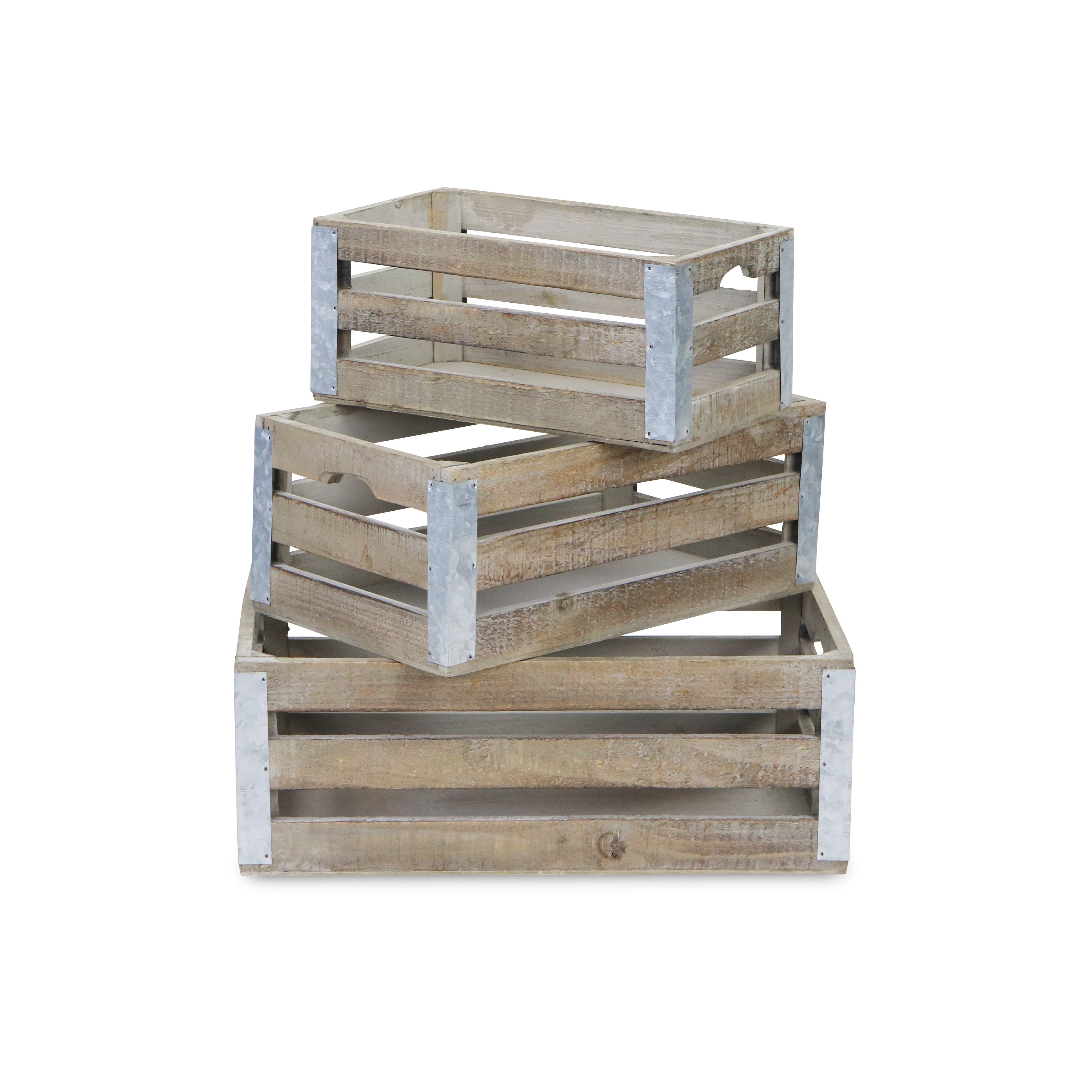 Set of Three Natural Solid Wood And Metal Crate