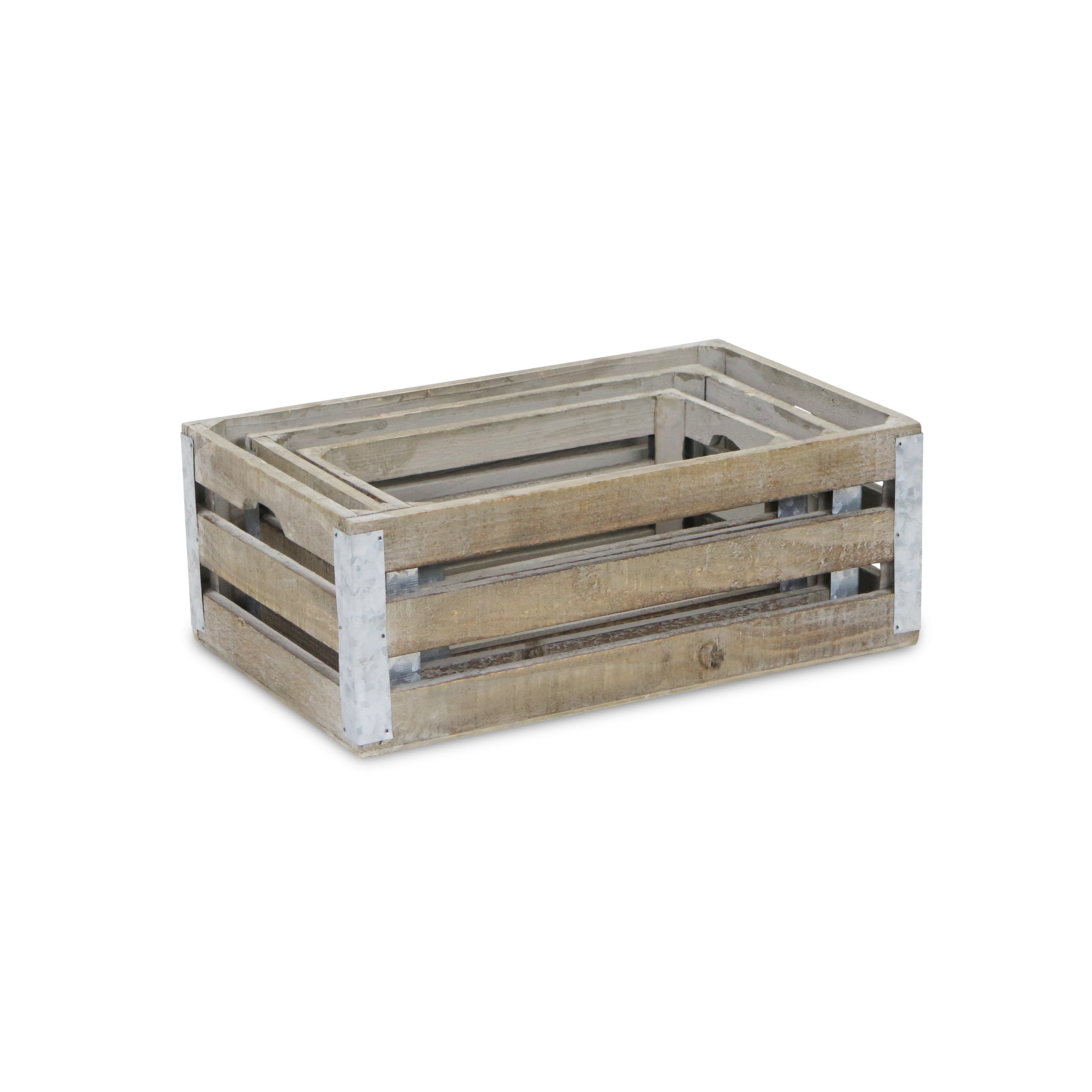 Set of Three Natural Solid Wood And Metal Crate