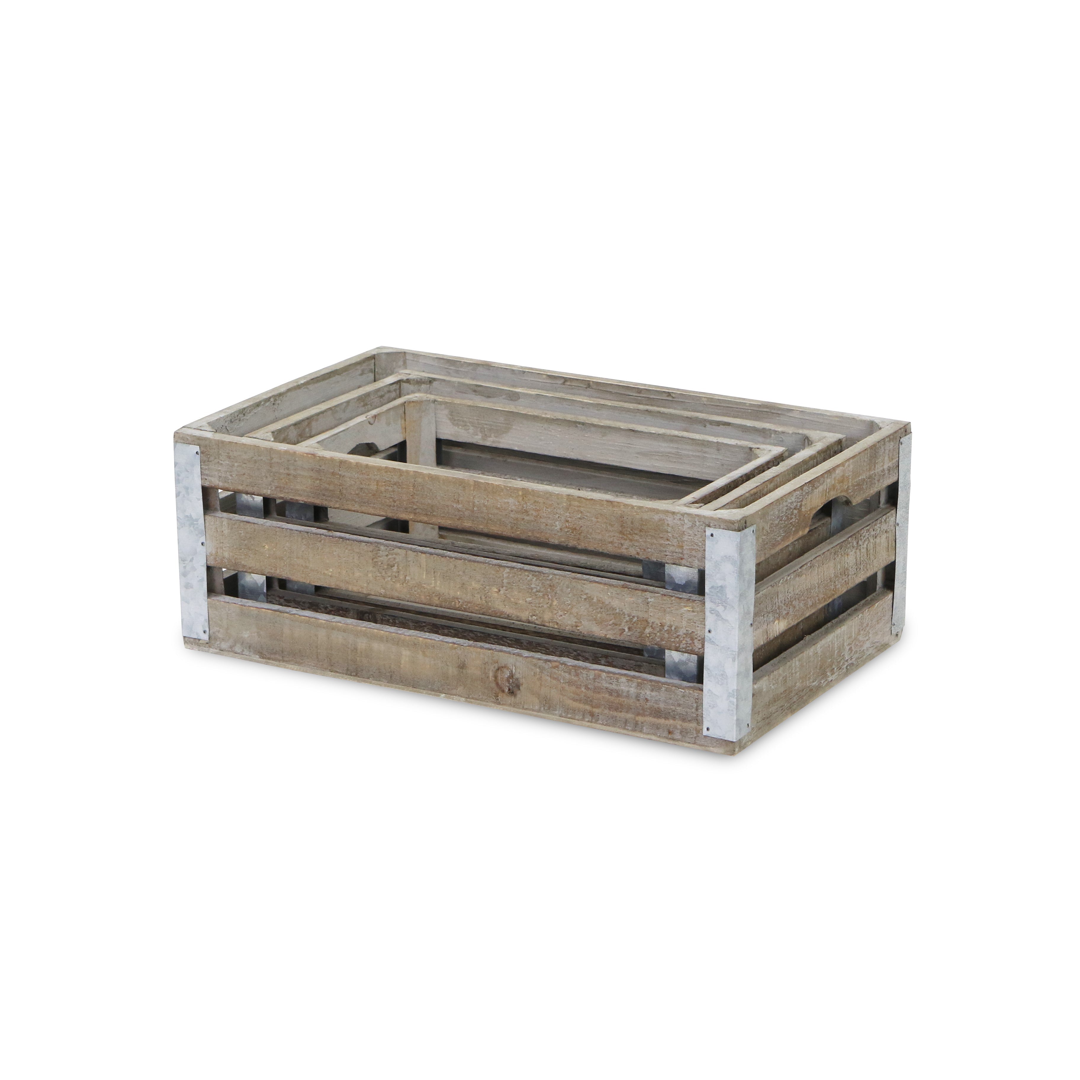 Set of Three Natural Solid Wood And Metal Crate