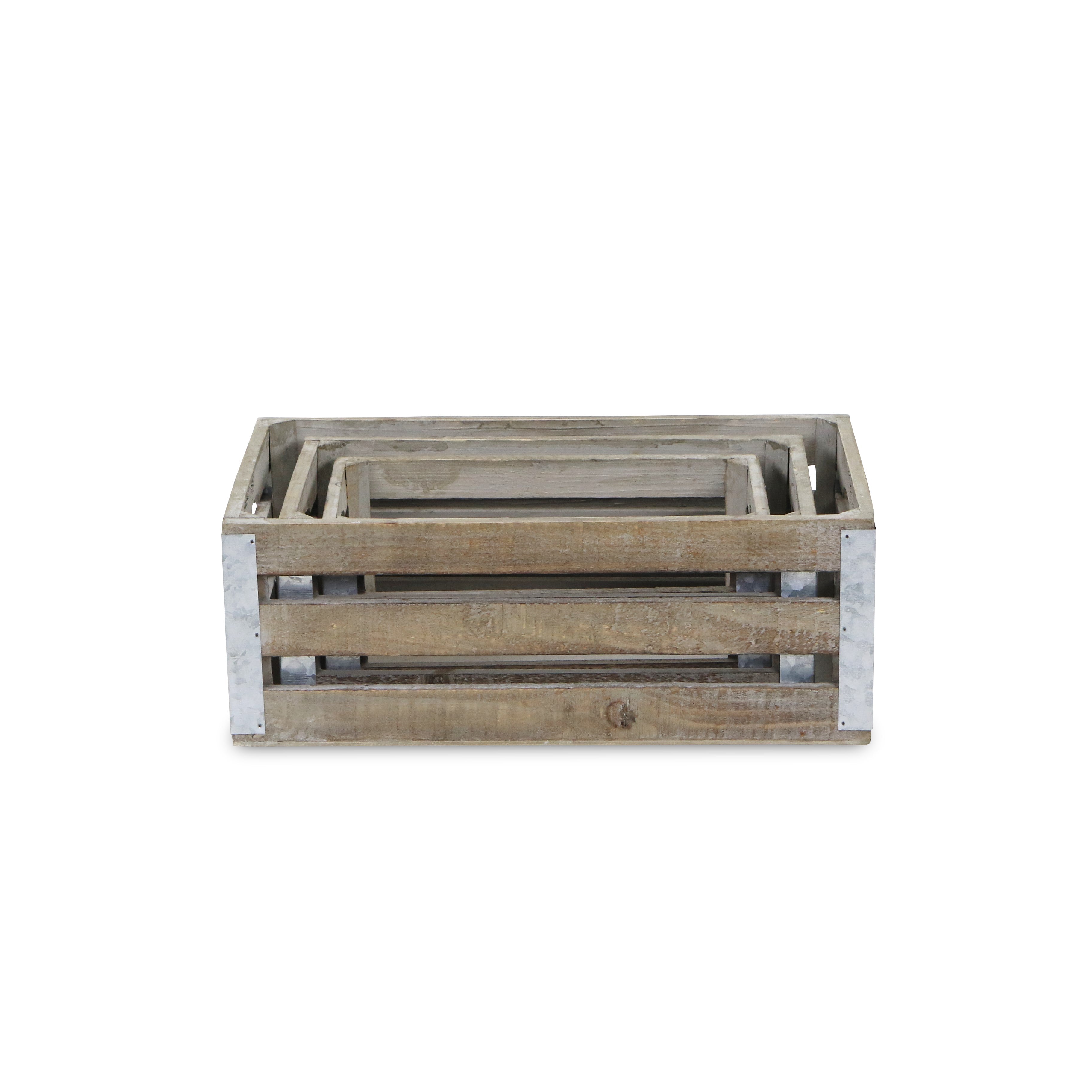 Set of Three Natural Solid Wood And Metal Crate