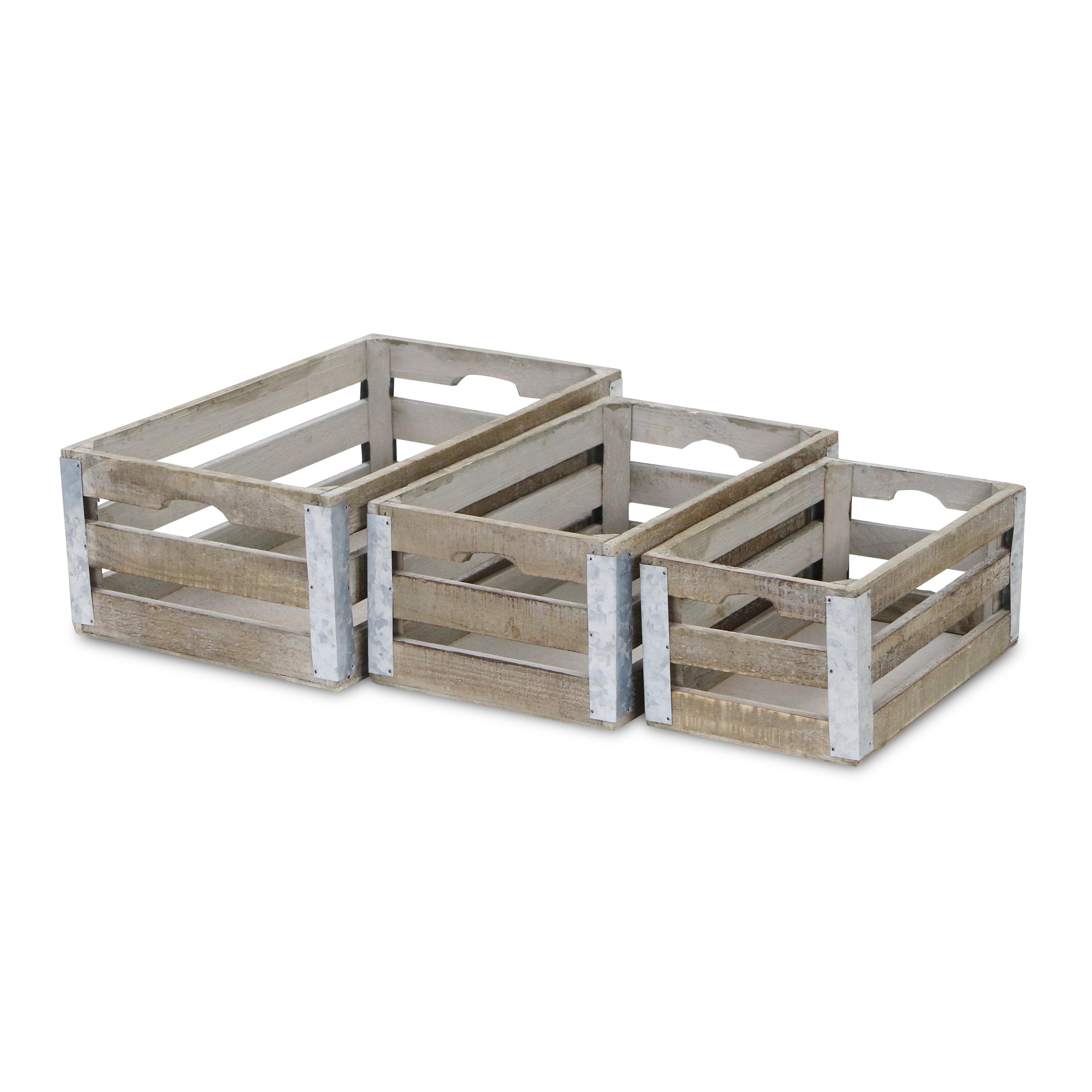 Set of Three Natural Solid Wood And Metal Crate