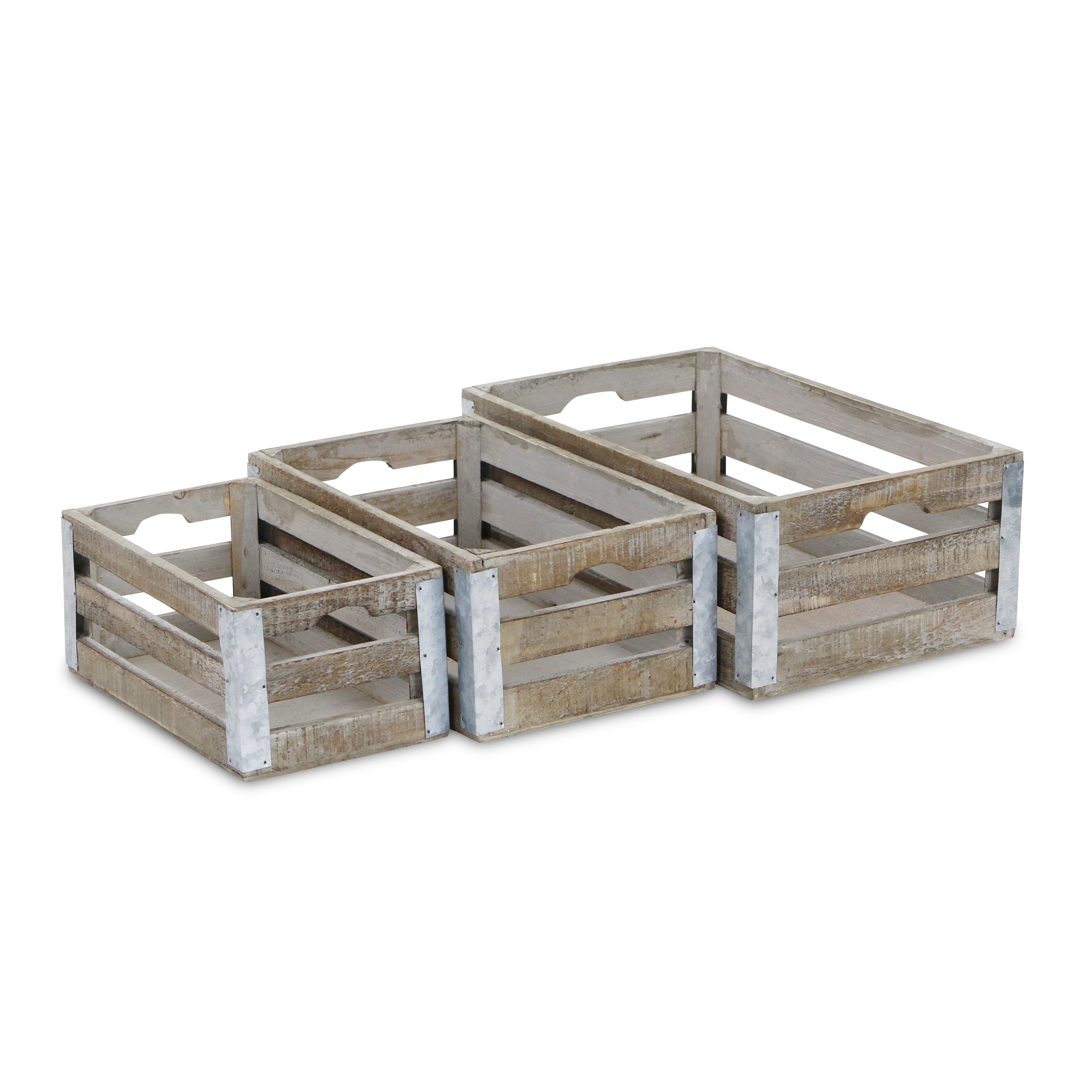 Set of Three Natural Solid Wood And Metal Crate